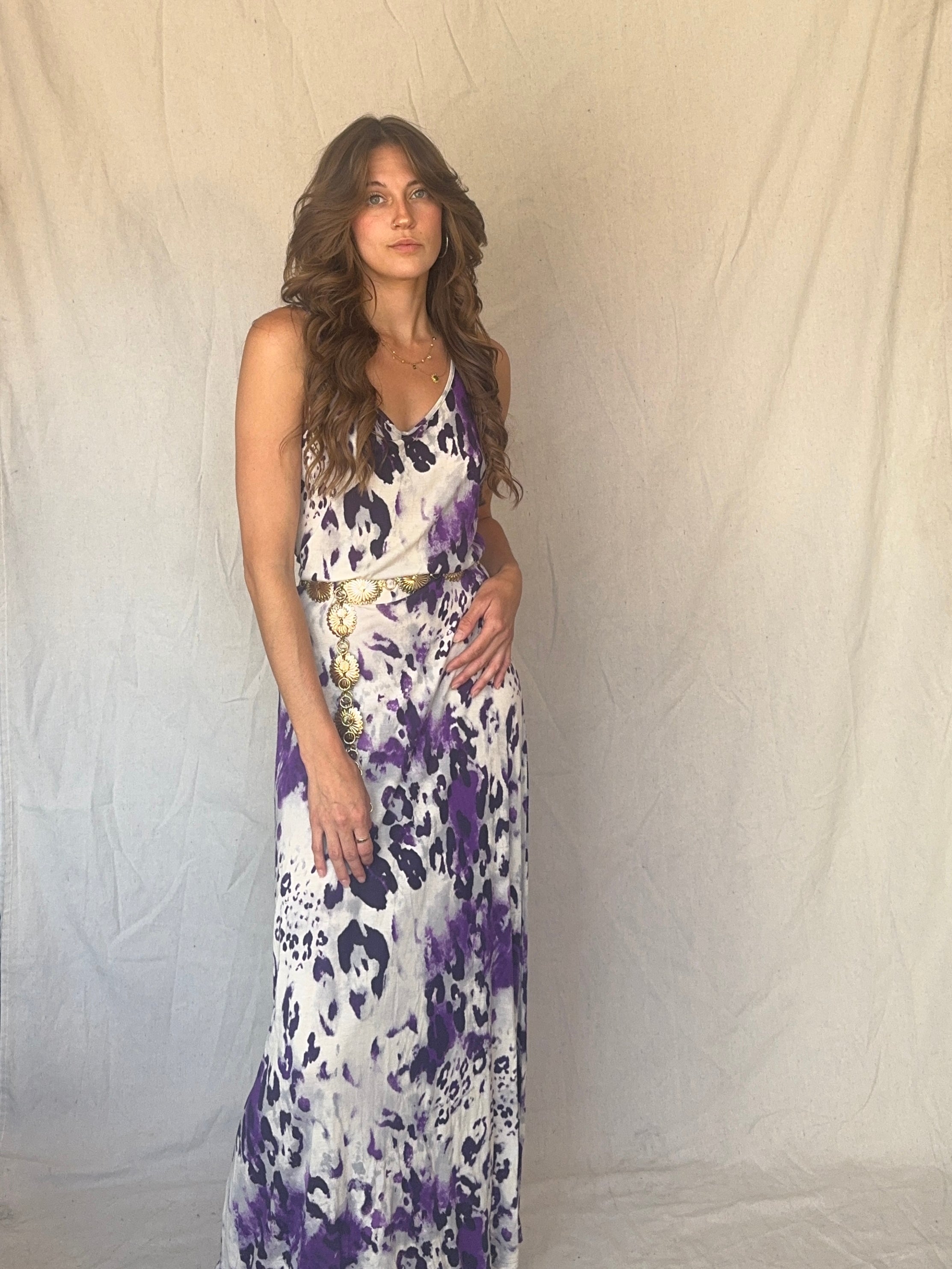90s Purple Leopard Print Maxi Slip Dress