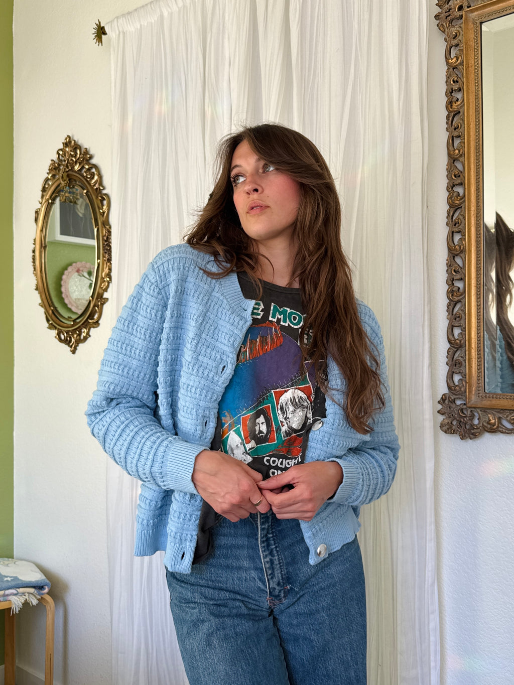 Powder Blue Cotton Knit Button Up Cardigan (Modern)
