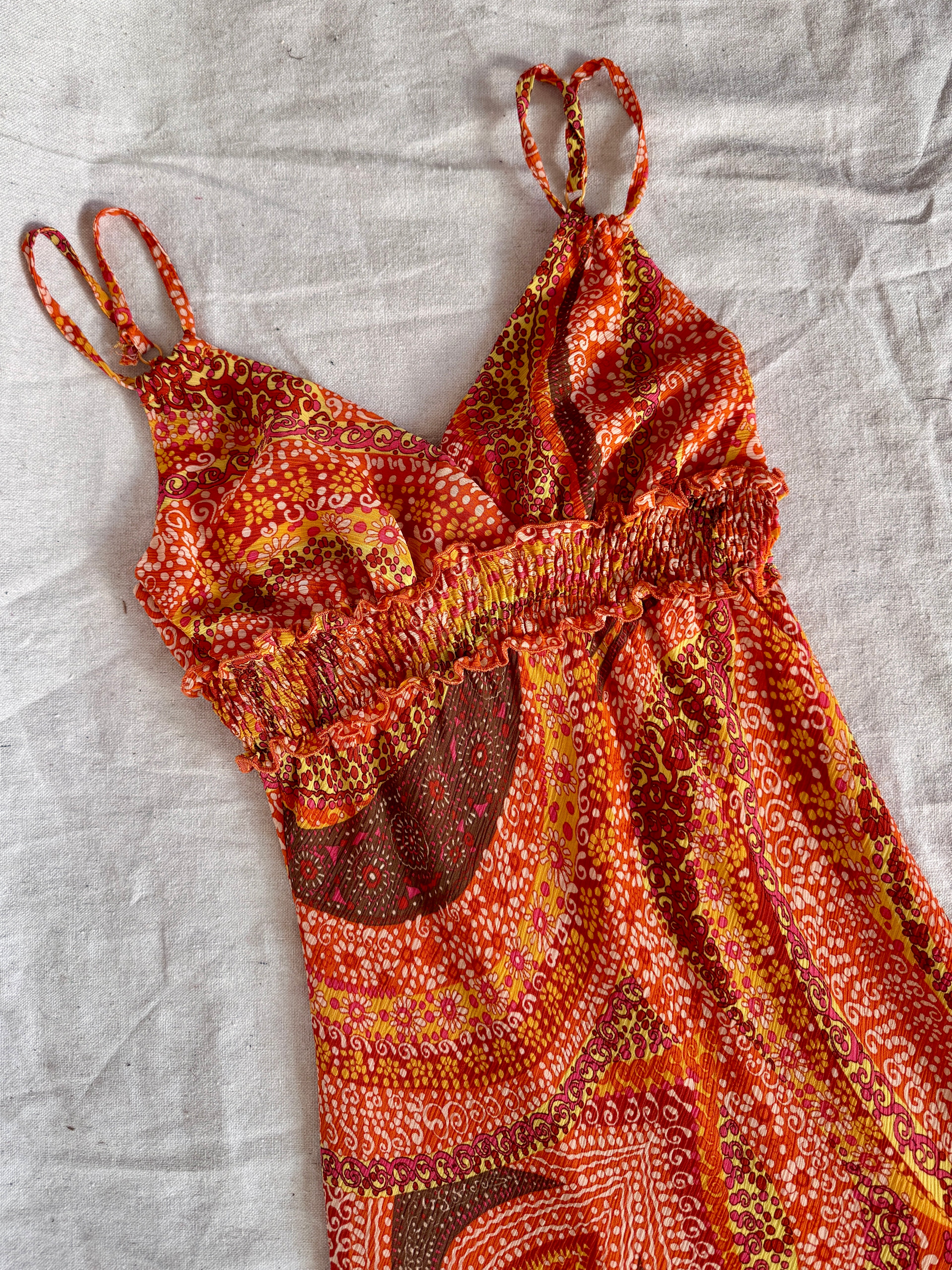 Orange Floral Swirl Ruffled Strappy Sundress (Modern)