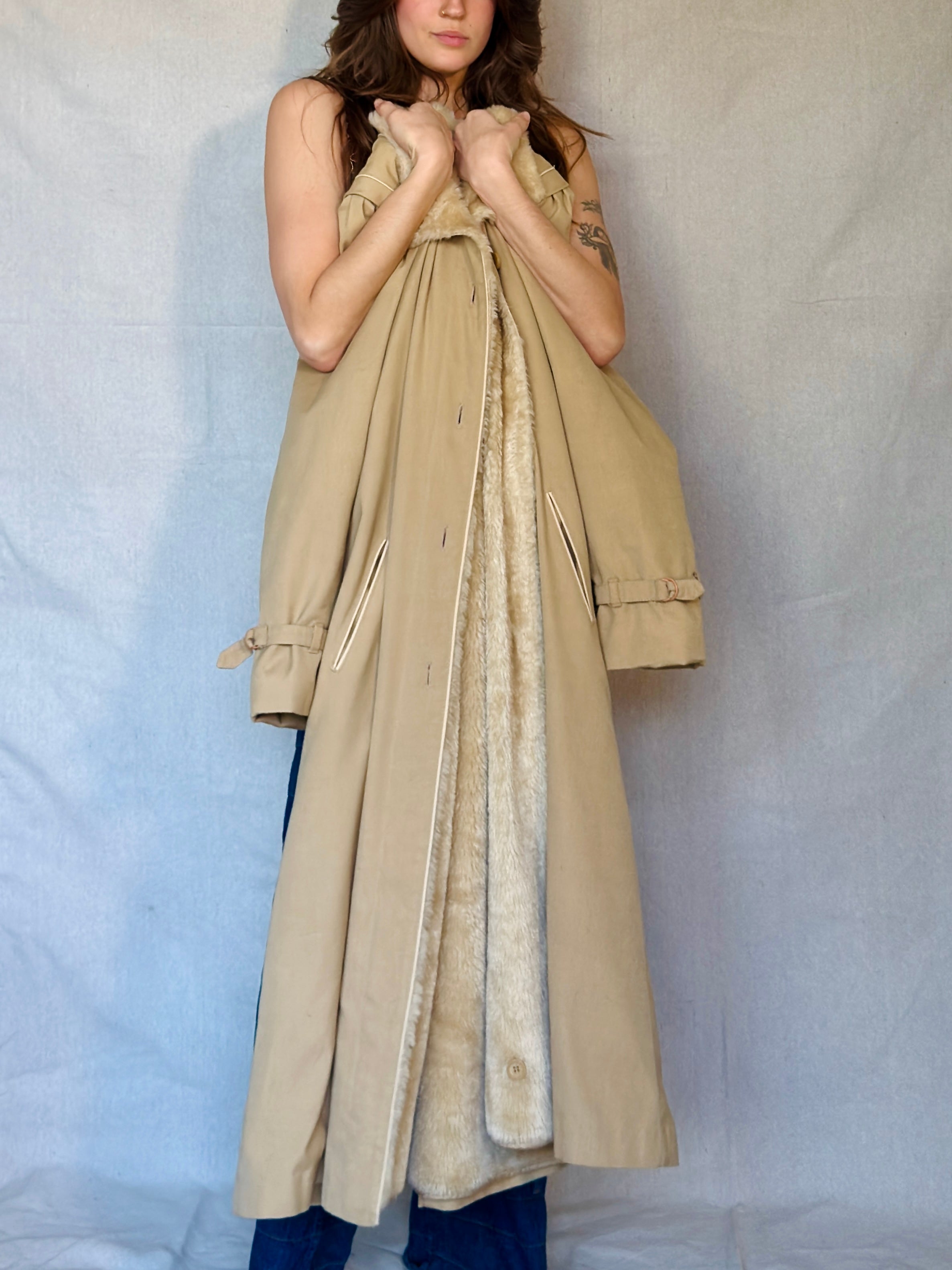 70s Tan Faux Shearling Trench Coat