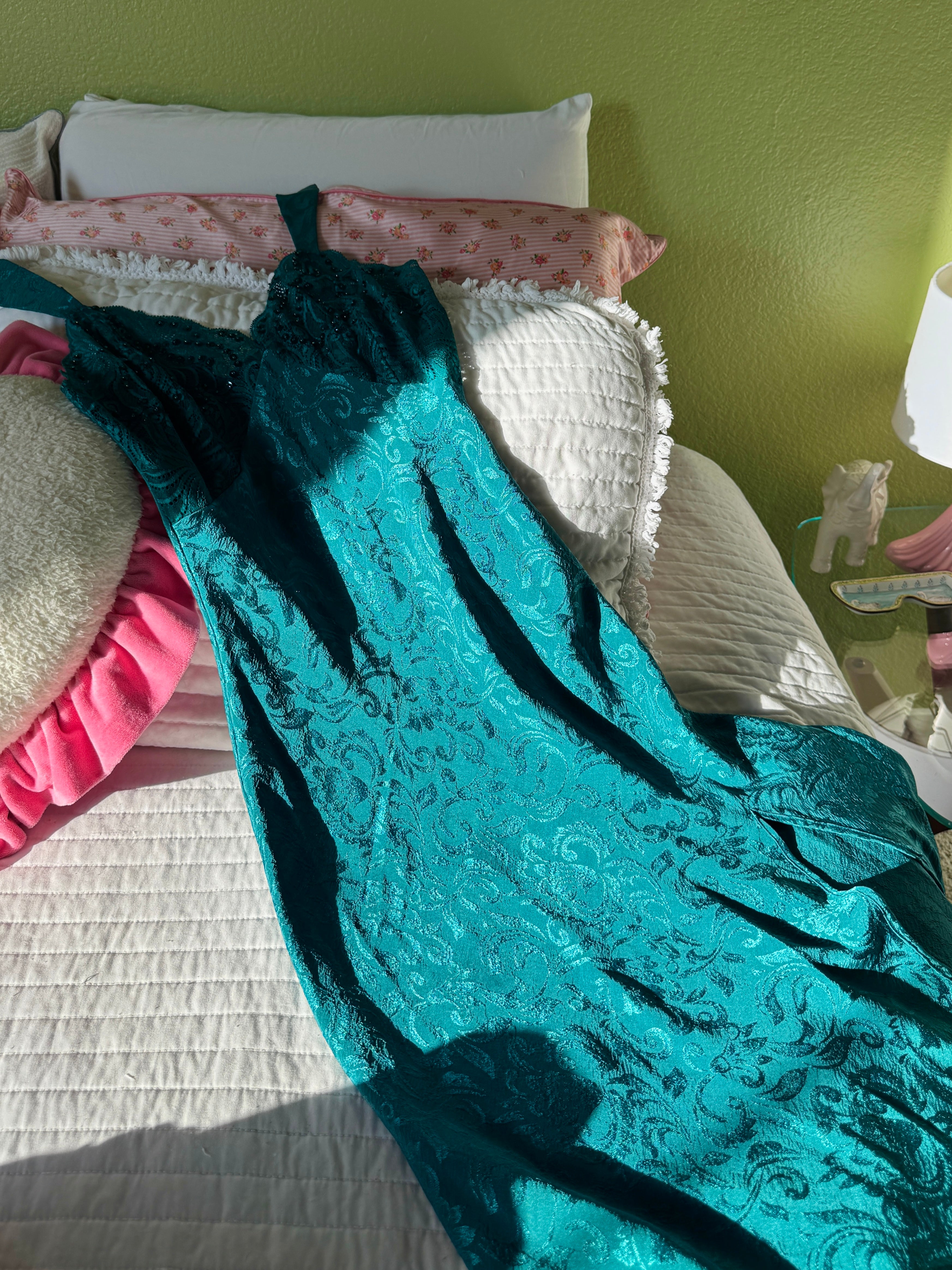 80s Emerald Green Victoria’s Secret Jacquard Beaded Lace Mermaid Slip Dress