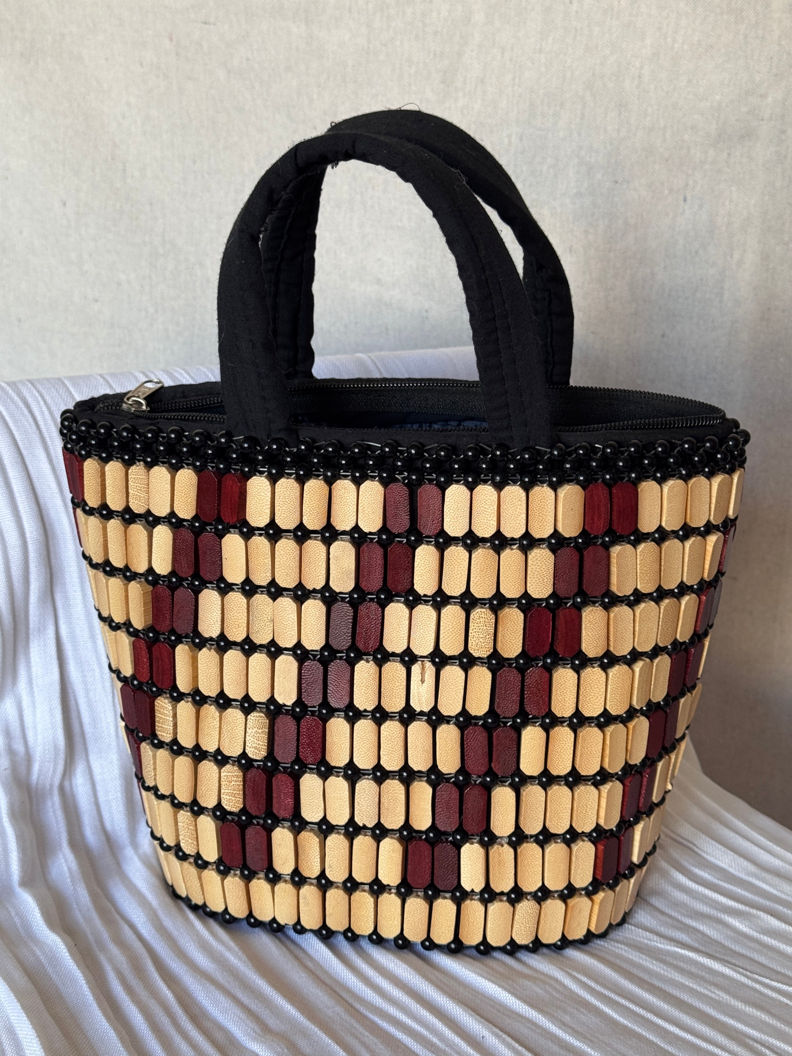 Vintage Wood Beaded Bucket Bag