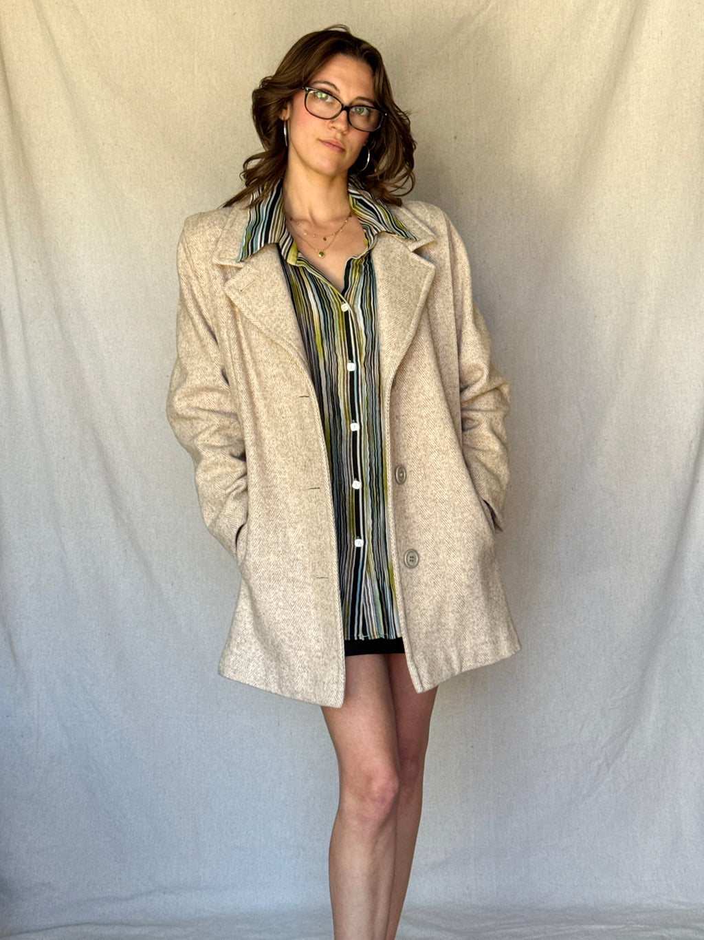 Vintage Sandy Brown Chevron Wool Coat