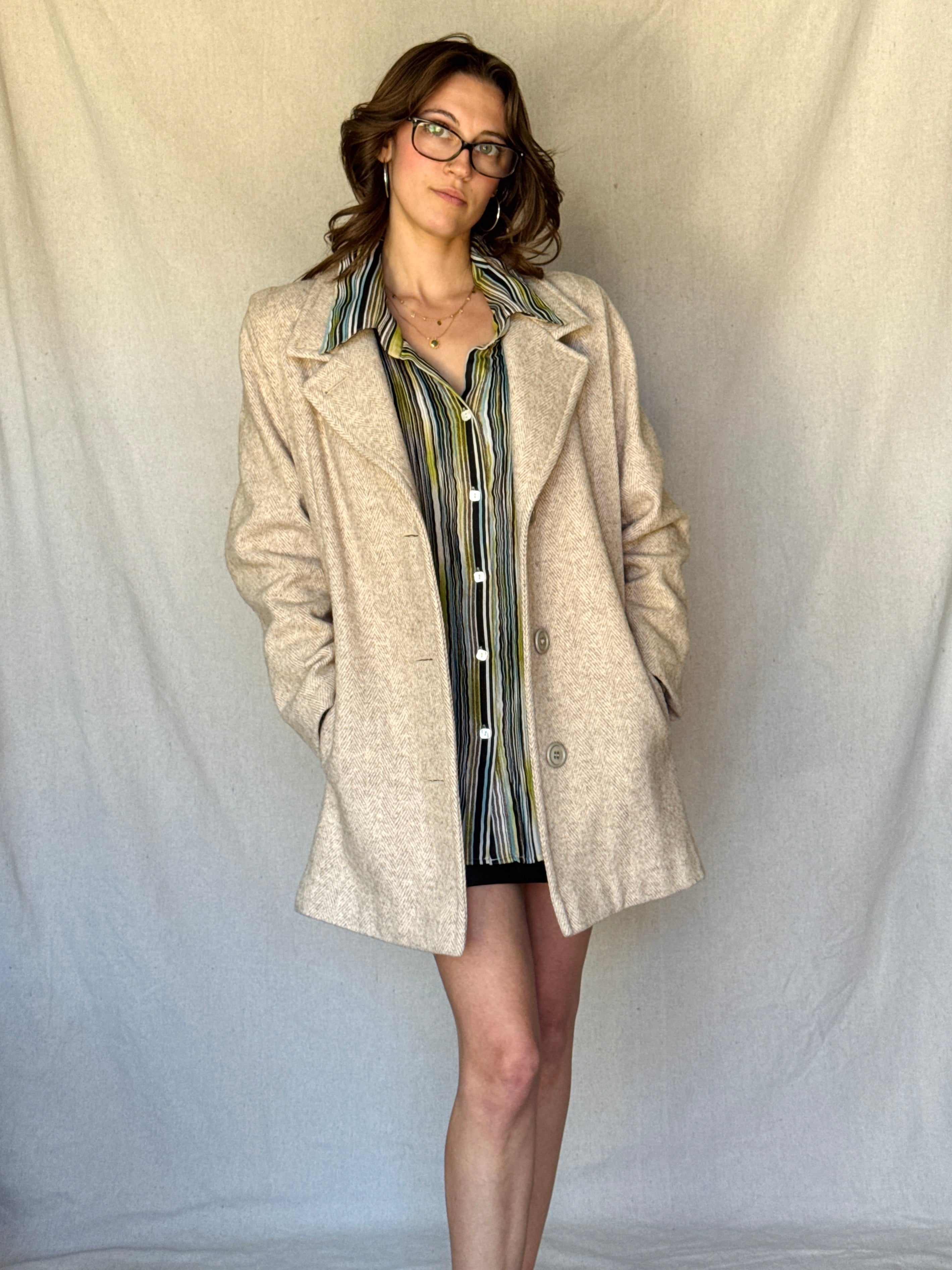 Vintage Sandy Brown Chevron Wool Coat