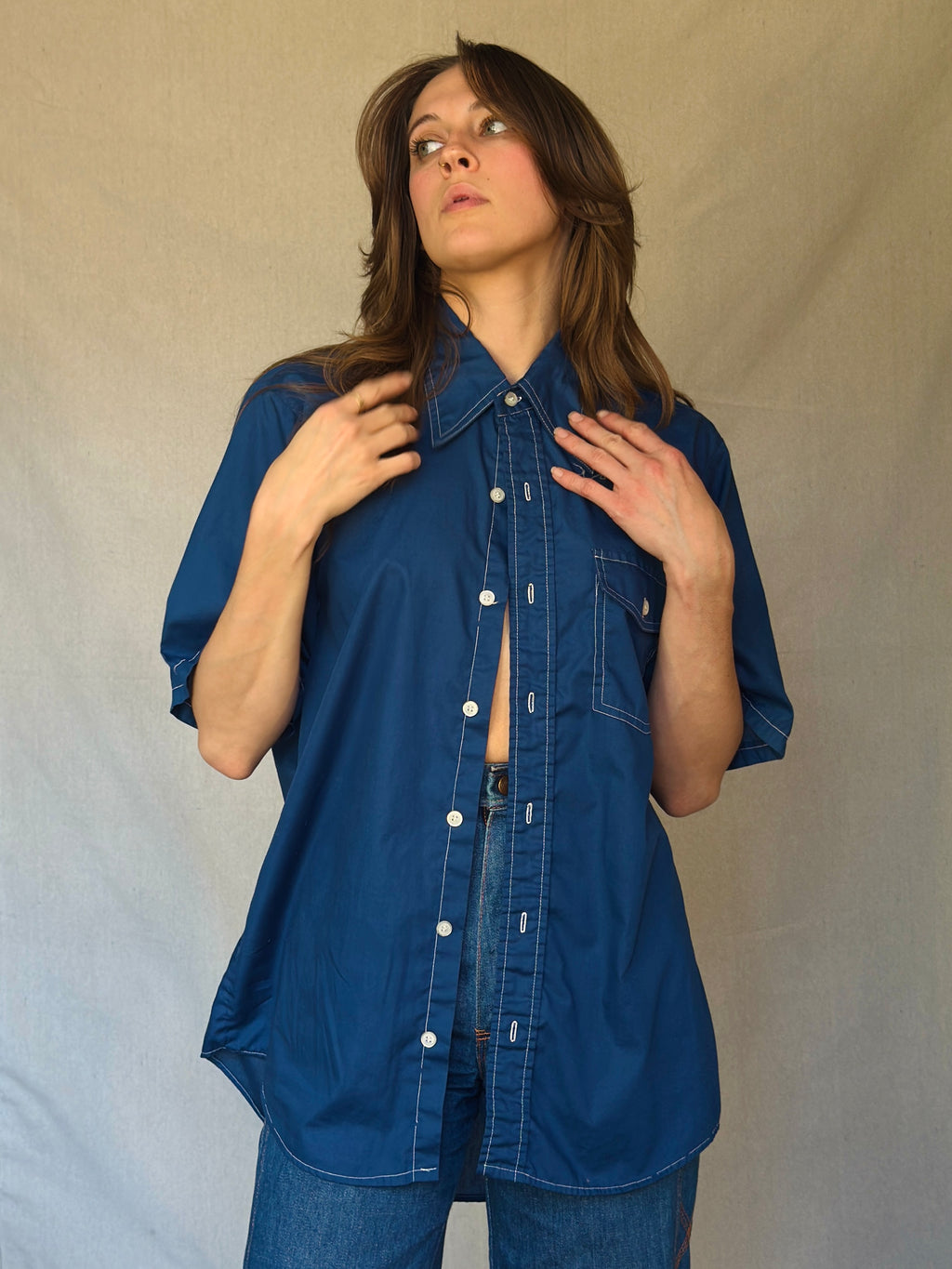 70s Blue Wing Collar Button Up