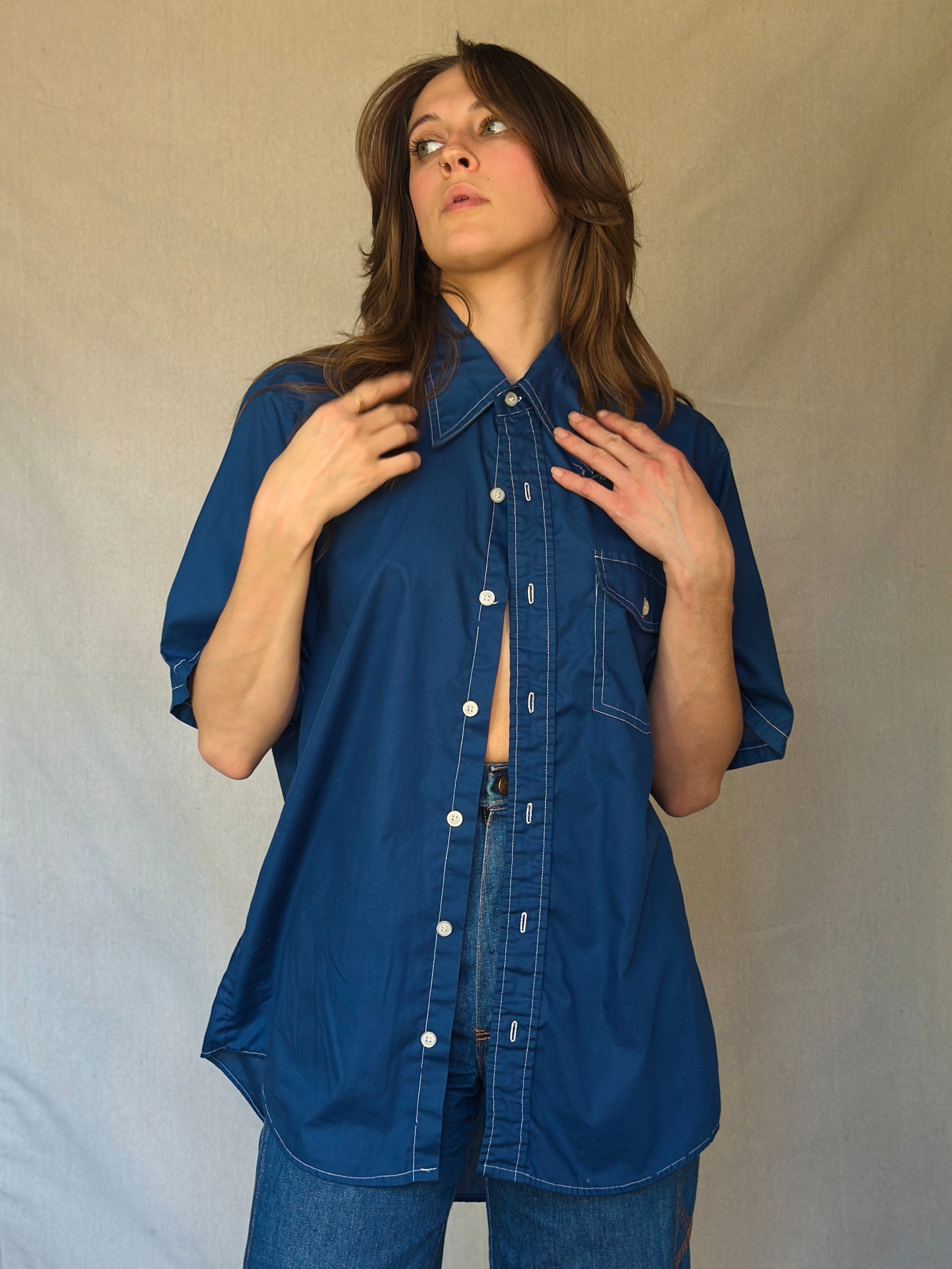 70s Blue Wing Collar Button Up