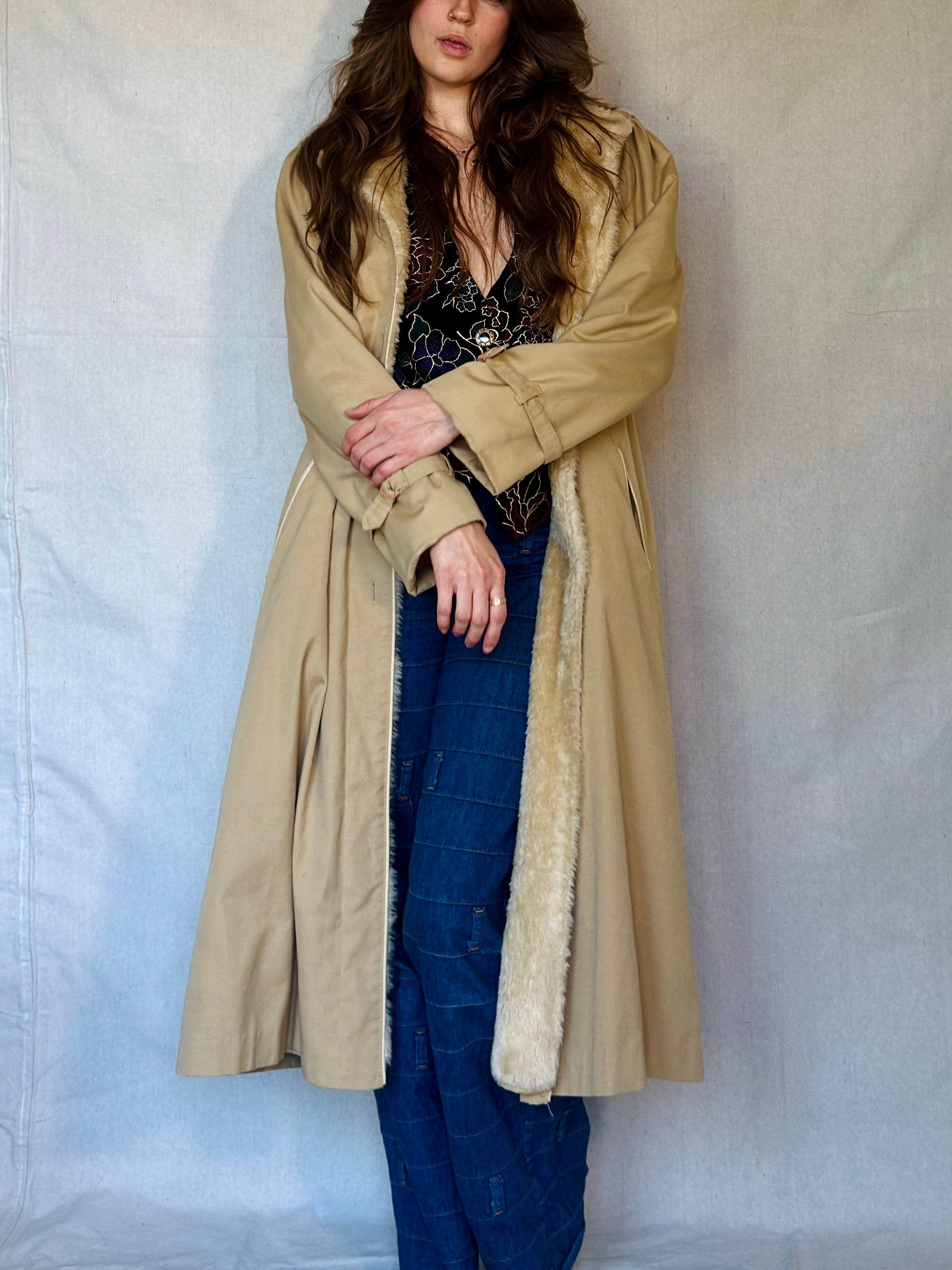 70s Tan Faux Shearling Trench Coat