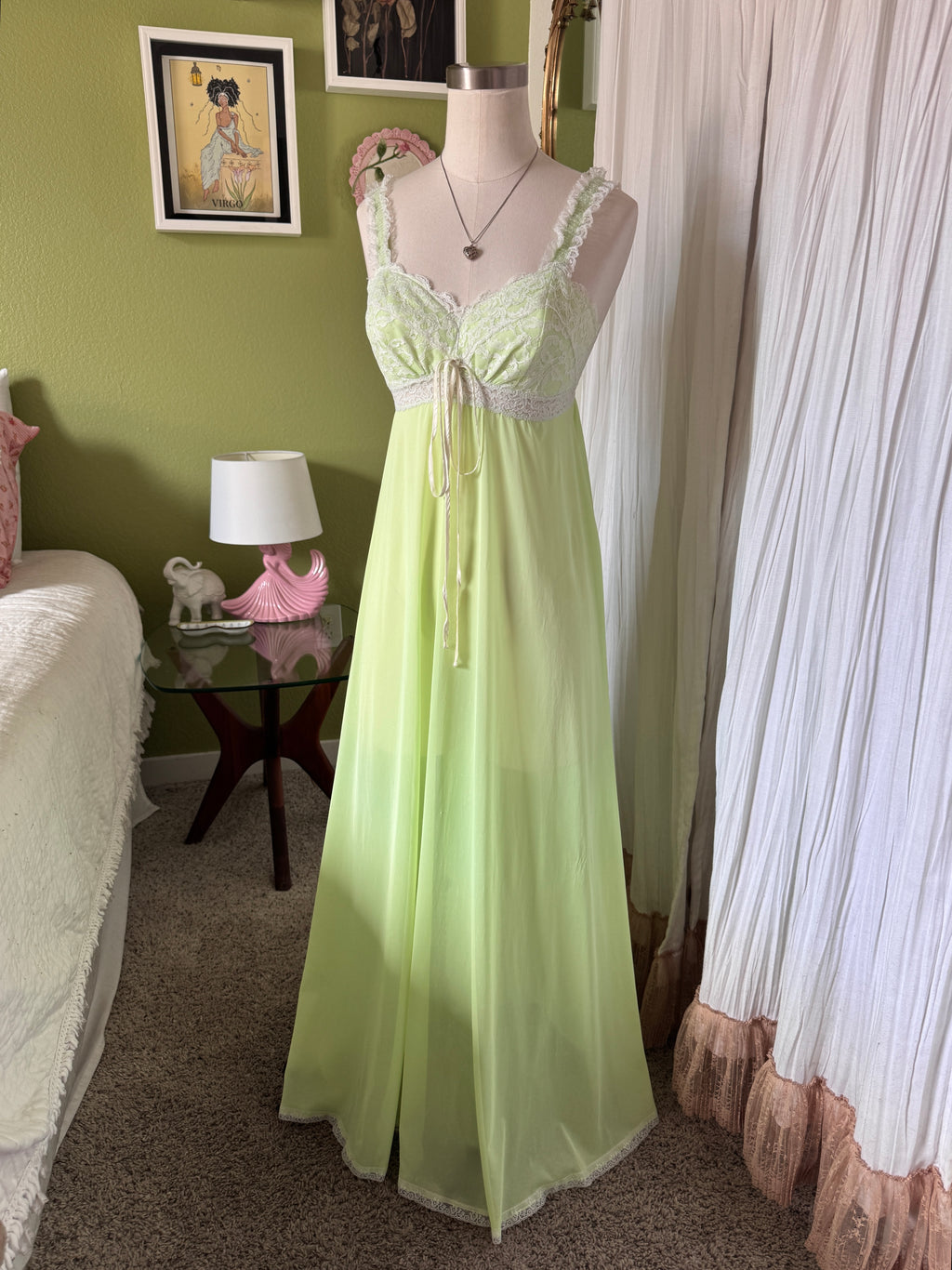 60s/70s Key Lime Green Nylon Lace Neglige Slip Dress
