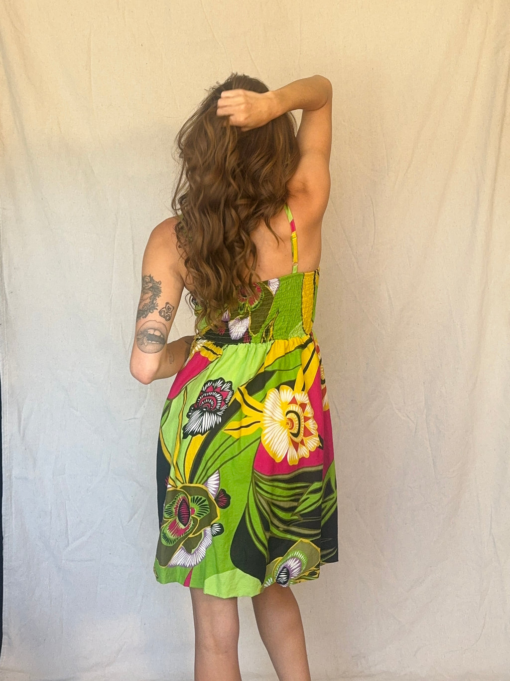 Y2K Green and Pink Cotton Floral Strappy Sun Dress