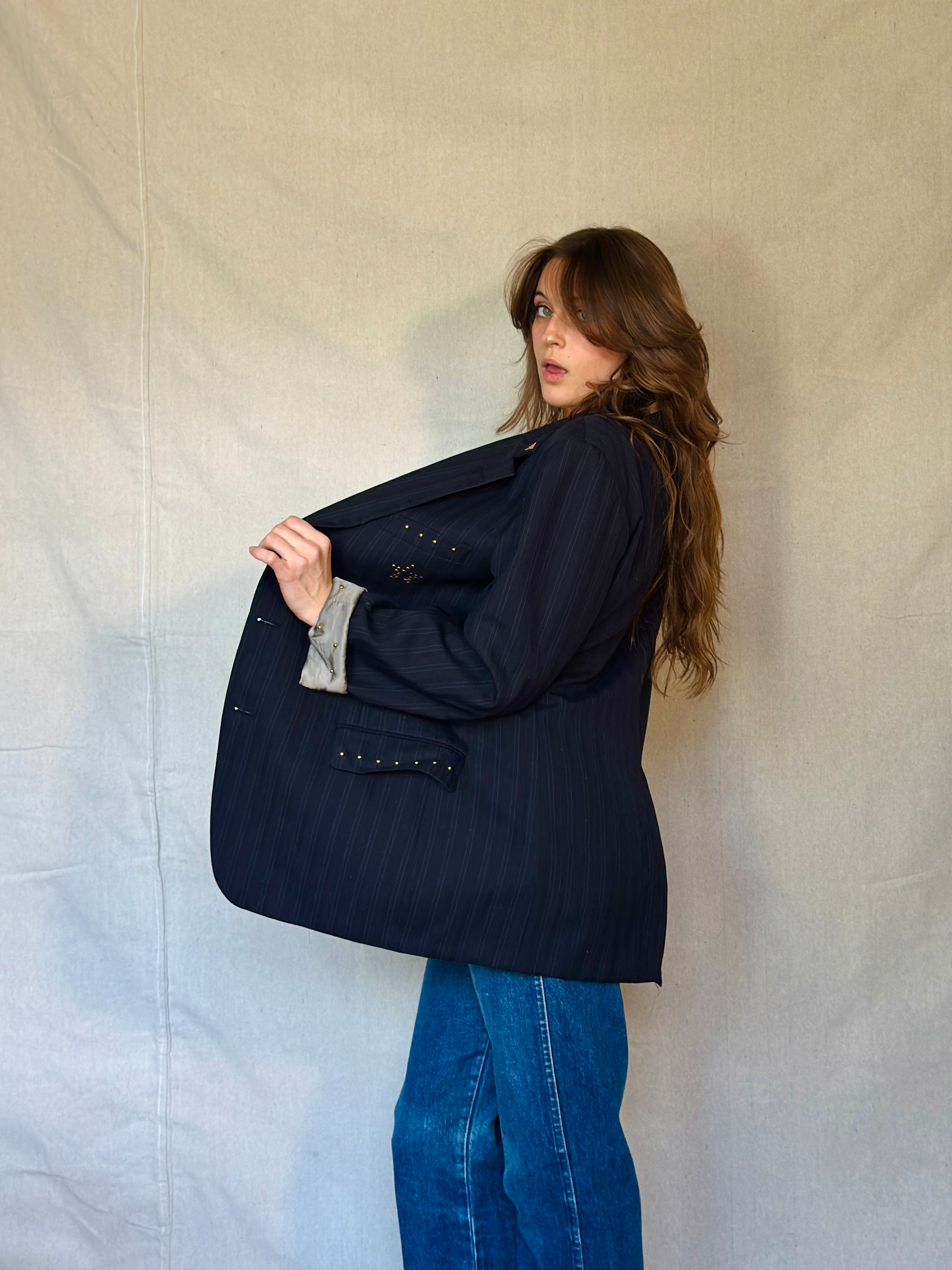 70s Star Studded Johnny Carson Navy Pinstripe Suit Jacket