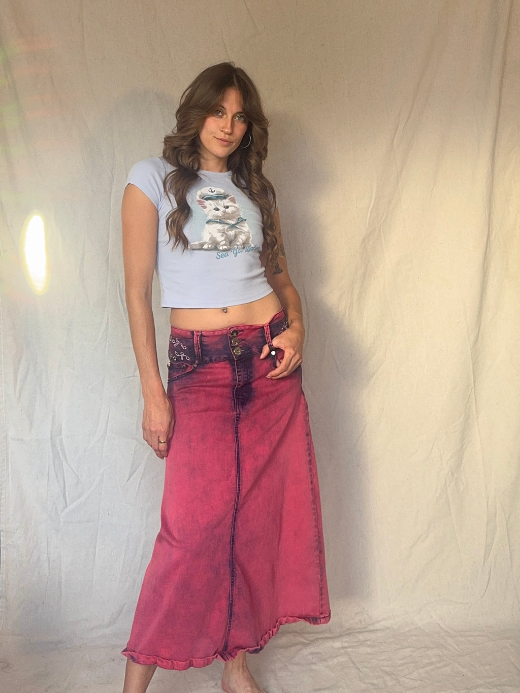 90s/Y2K Pink Whimsigoth Bleach Dye Embroidered Midi Skirt