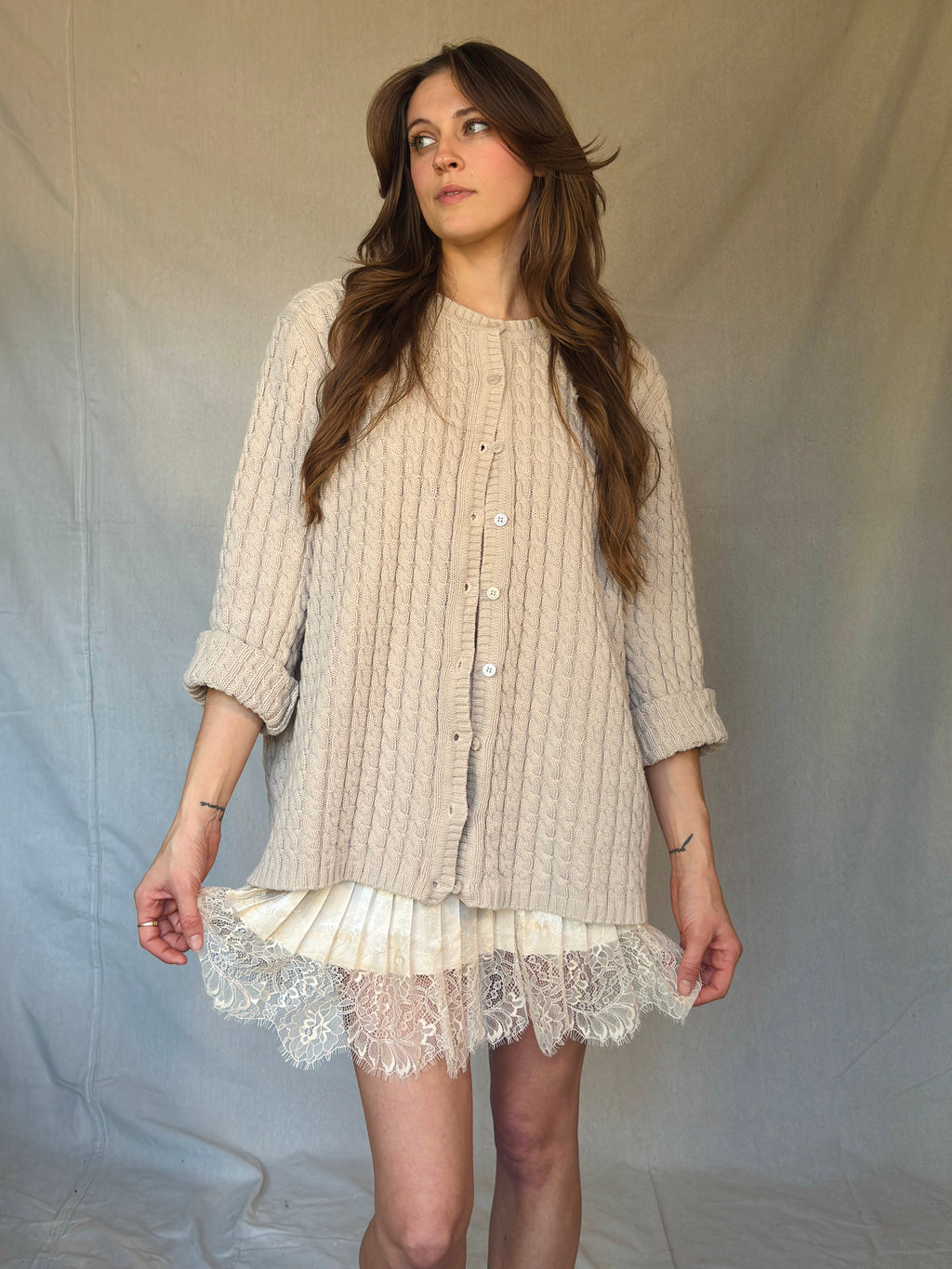 90s Light Beige Cable Knit Cardigan Sweater