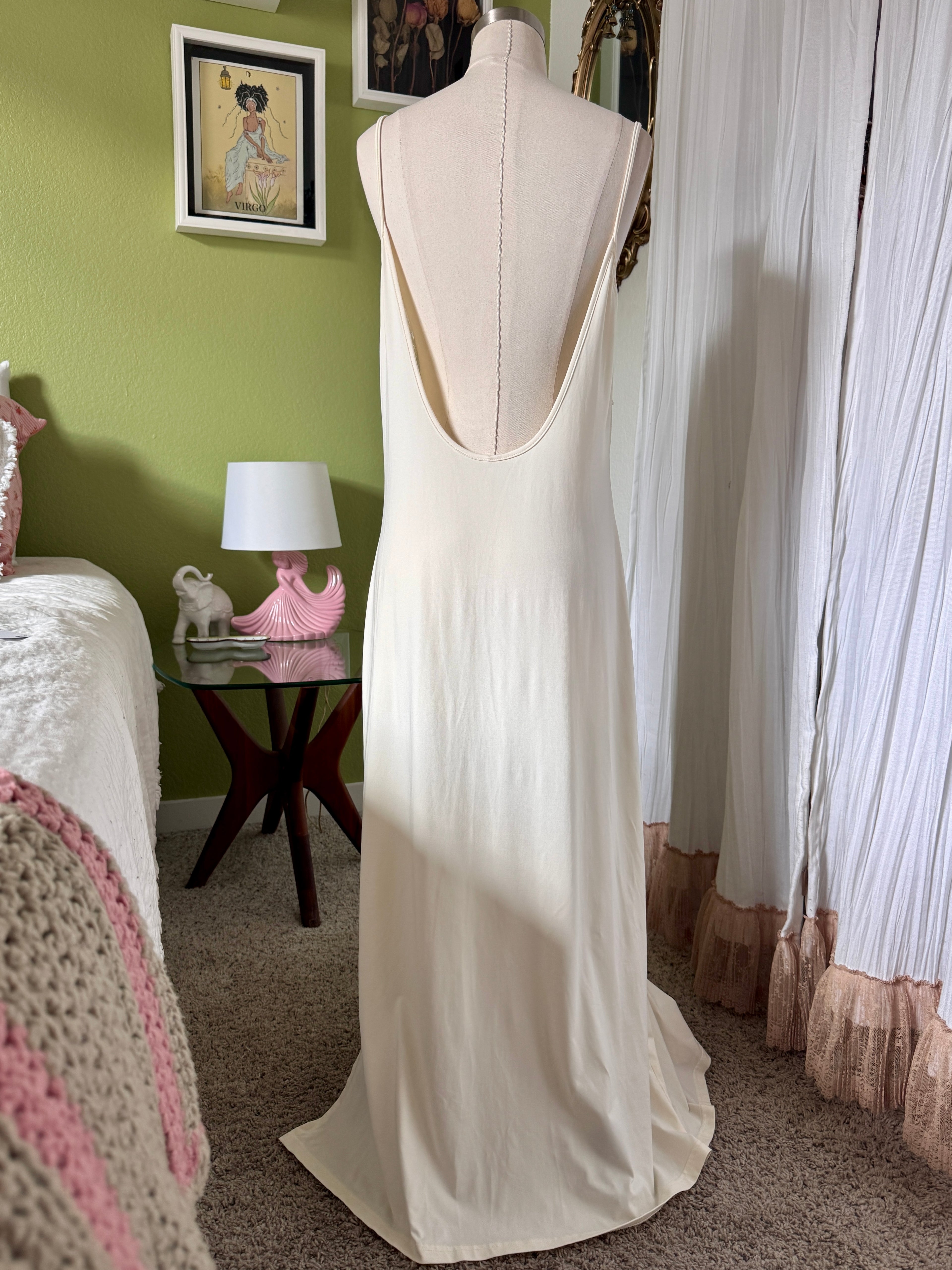 90s Cream Lace Scoop Neck Backless Whimsygoth Maxi Dress