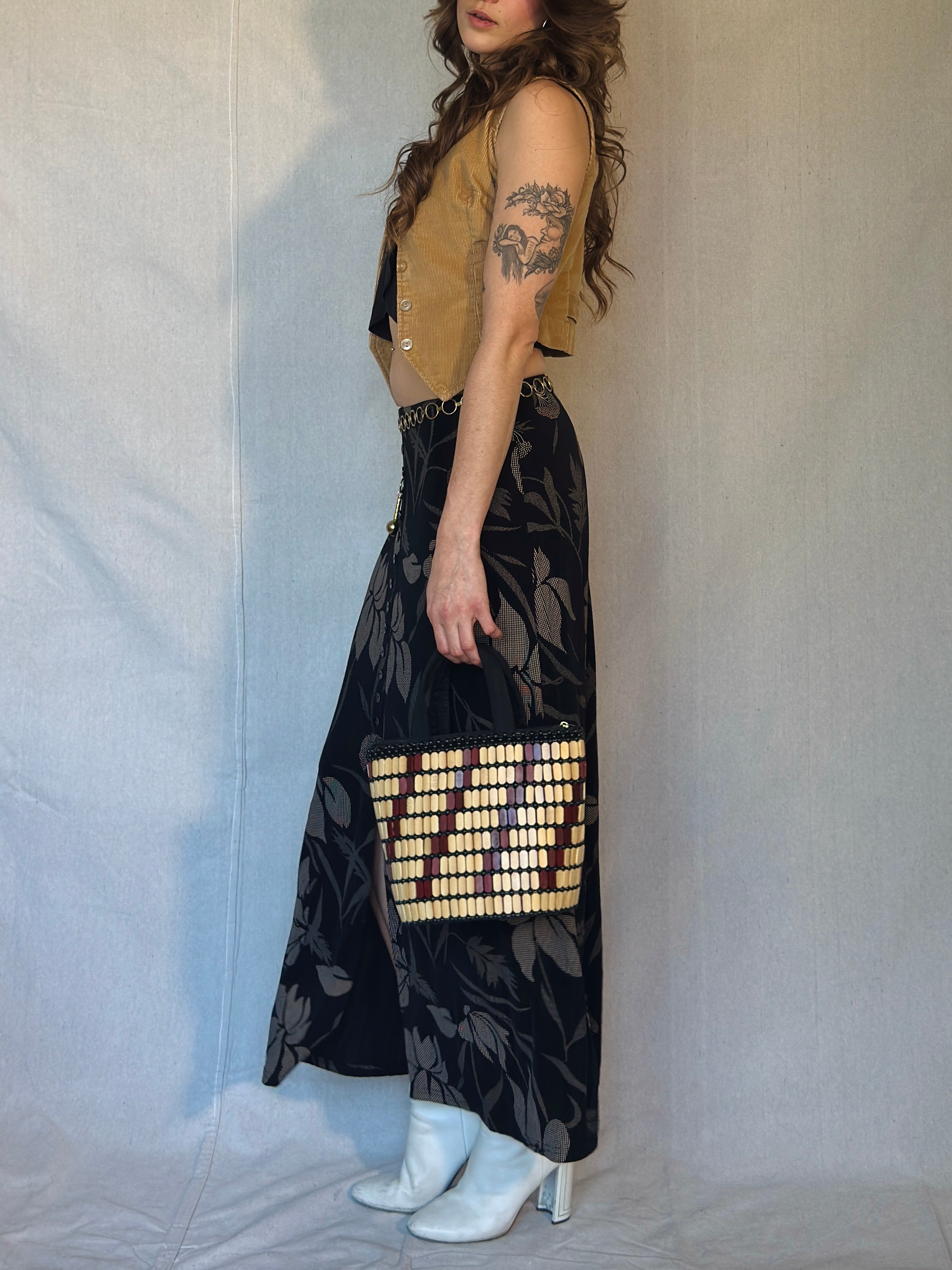 90's Black Floral Button Front Midi Skirt