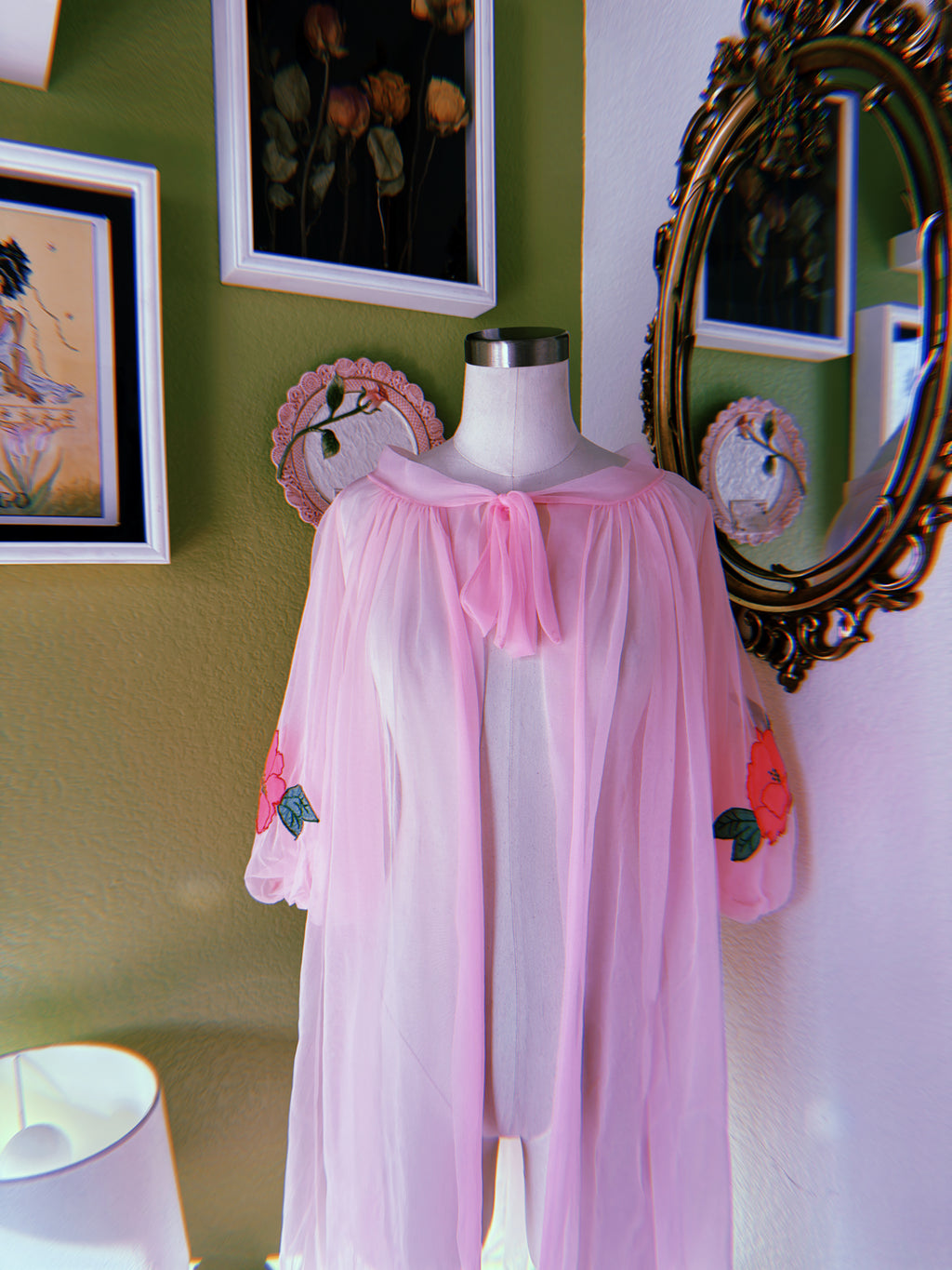 60s Pink Dayglo Nylon Hibiscus Flower Neglige & Peignoir Set
