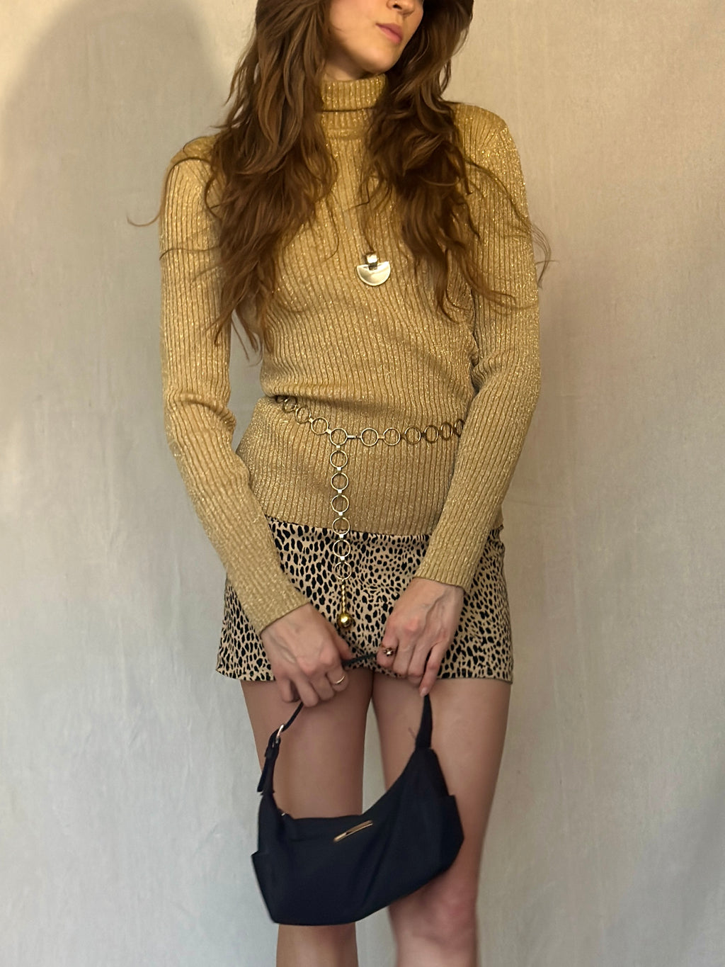 80s Gold Lurex Ribbed Turtleneck Sweater