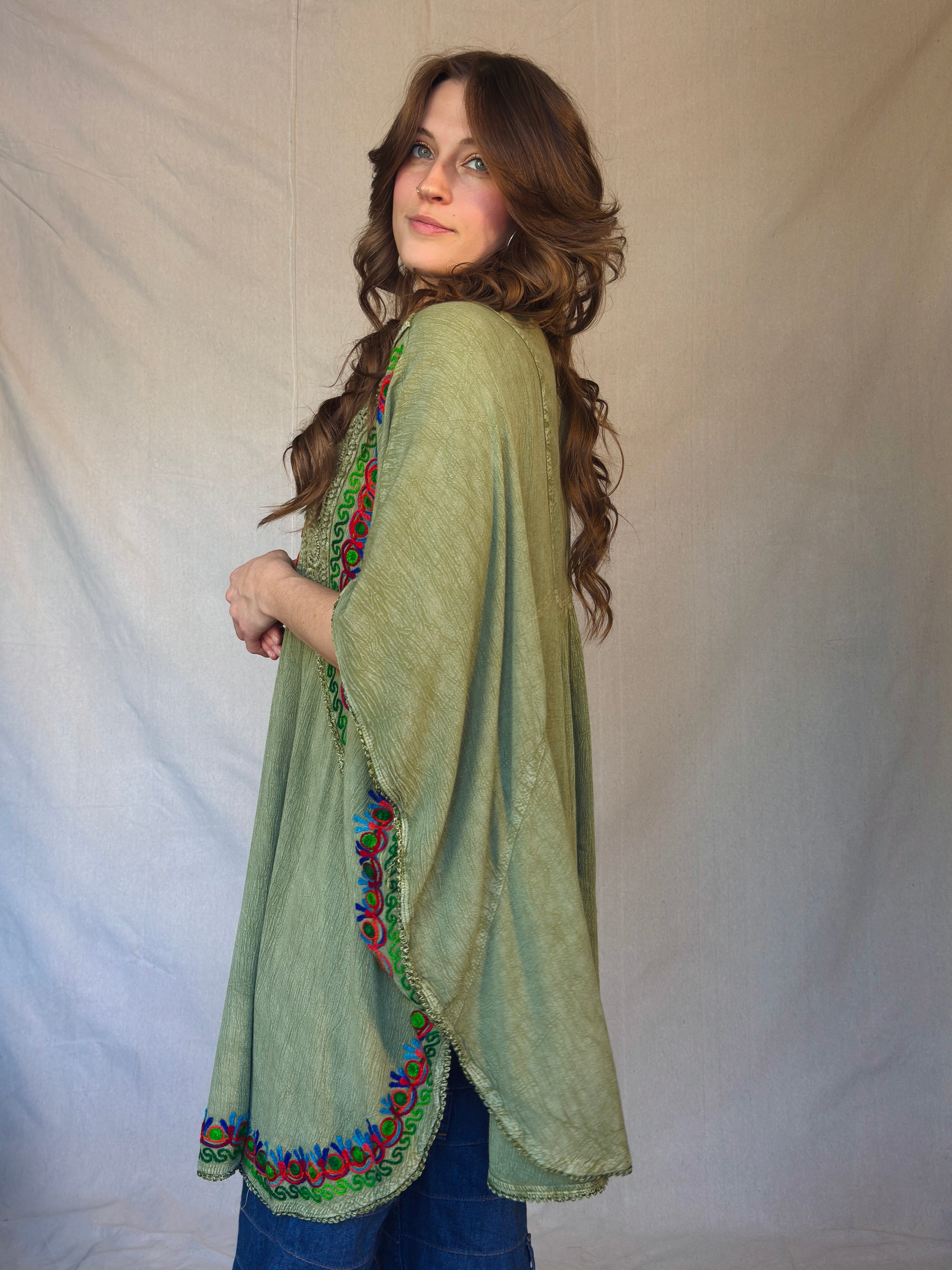 Green Embroidered Peasant Blouse