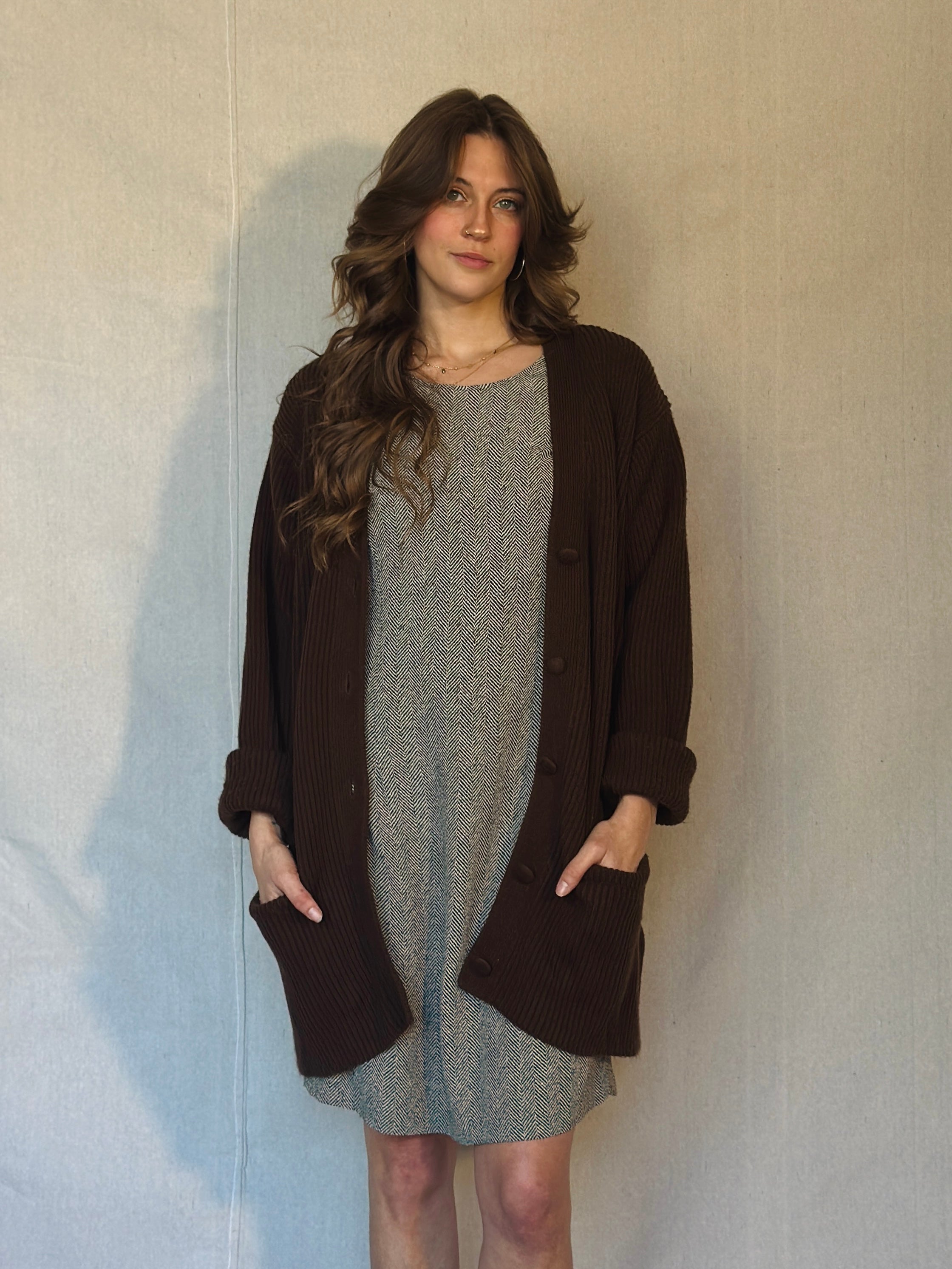 90s Brown Ribbed Cardigan Sweater