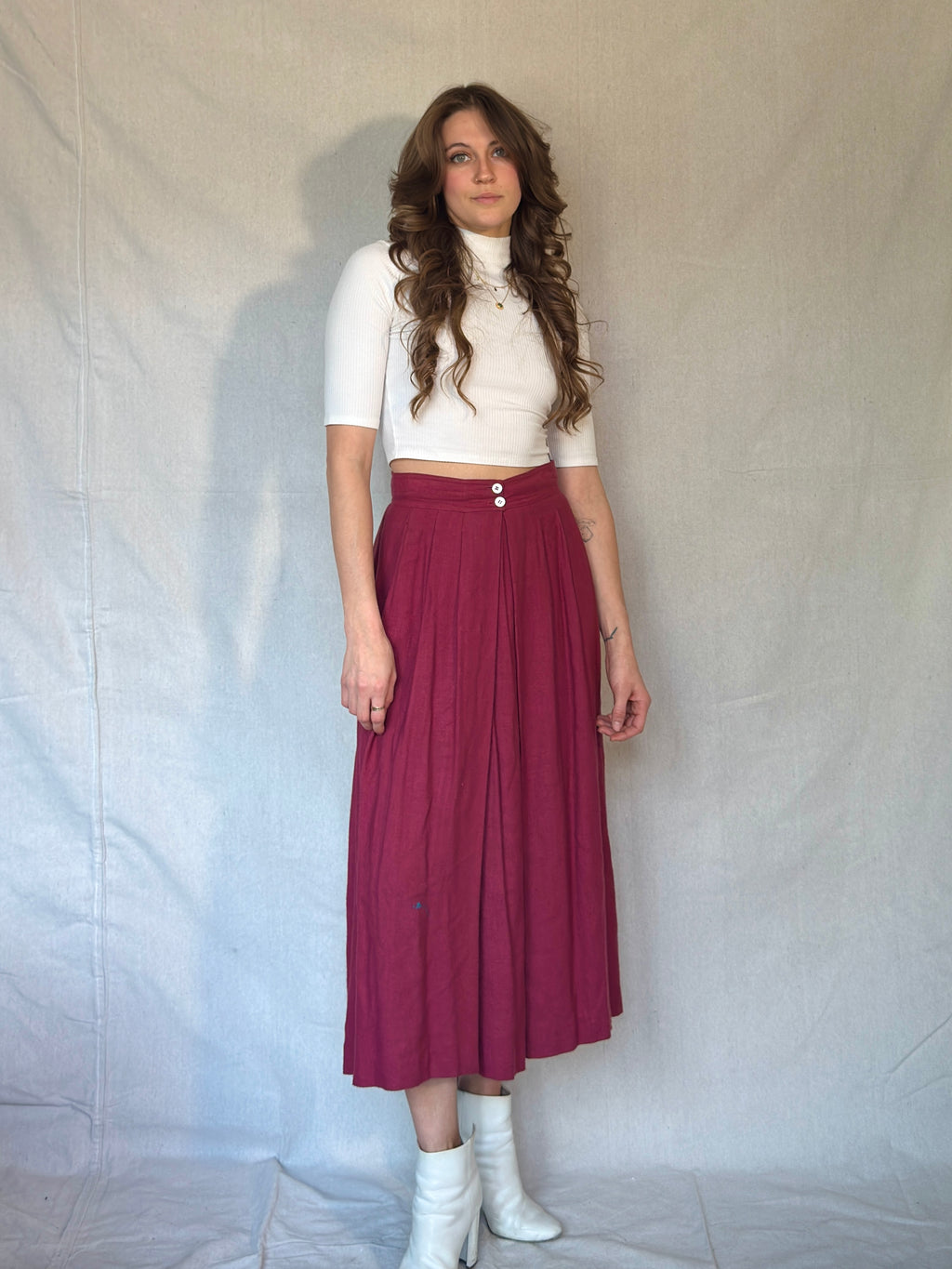 70s Burgundy Pleated Midi Skirt