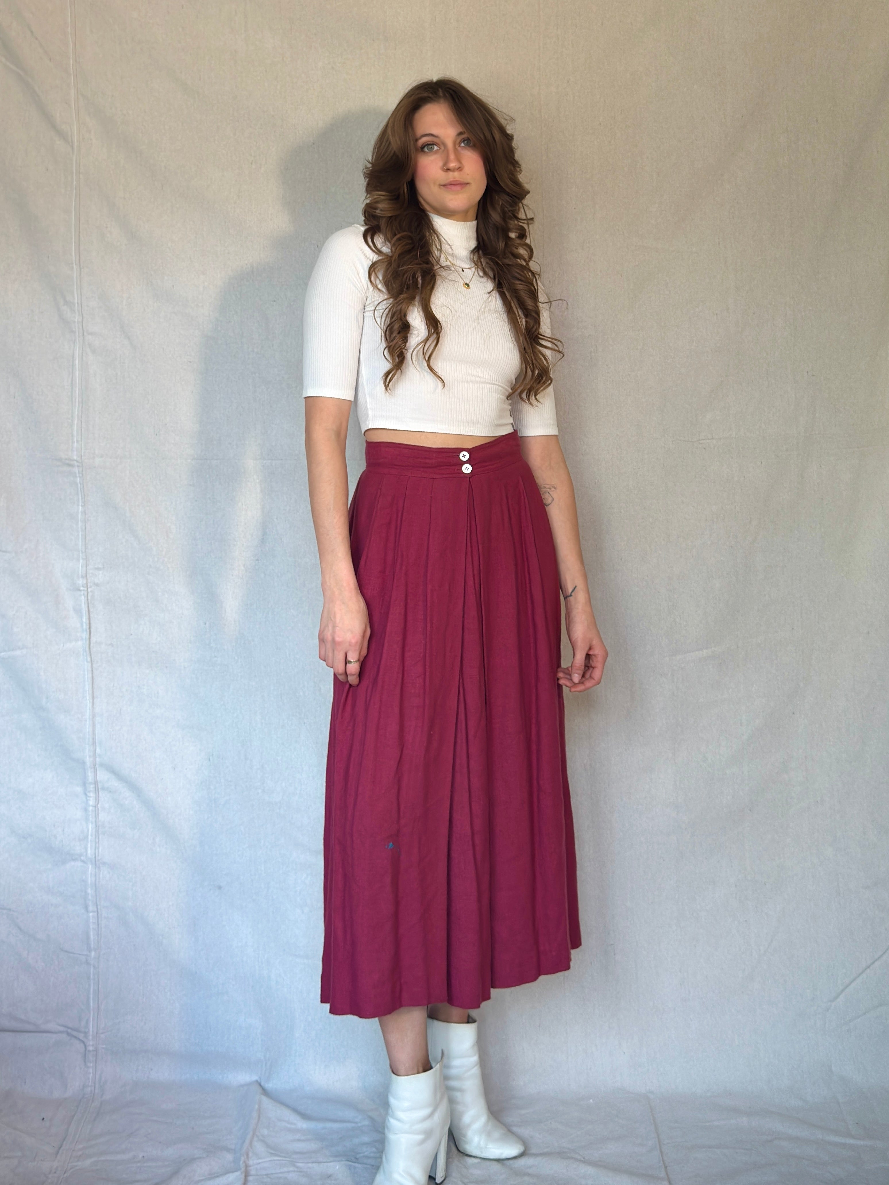 70s Burgundy Pleated Midi Skirt