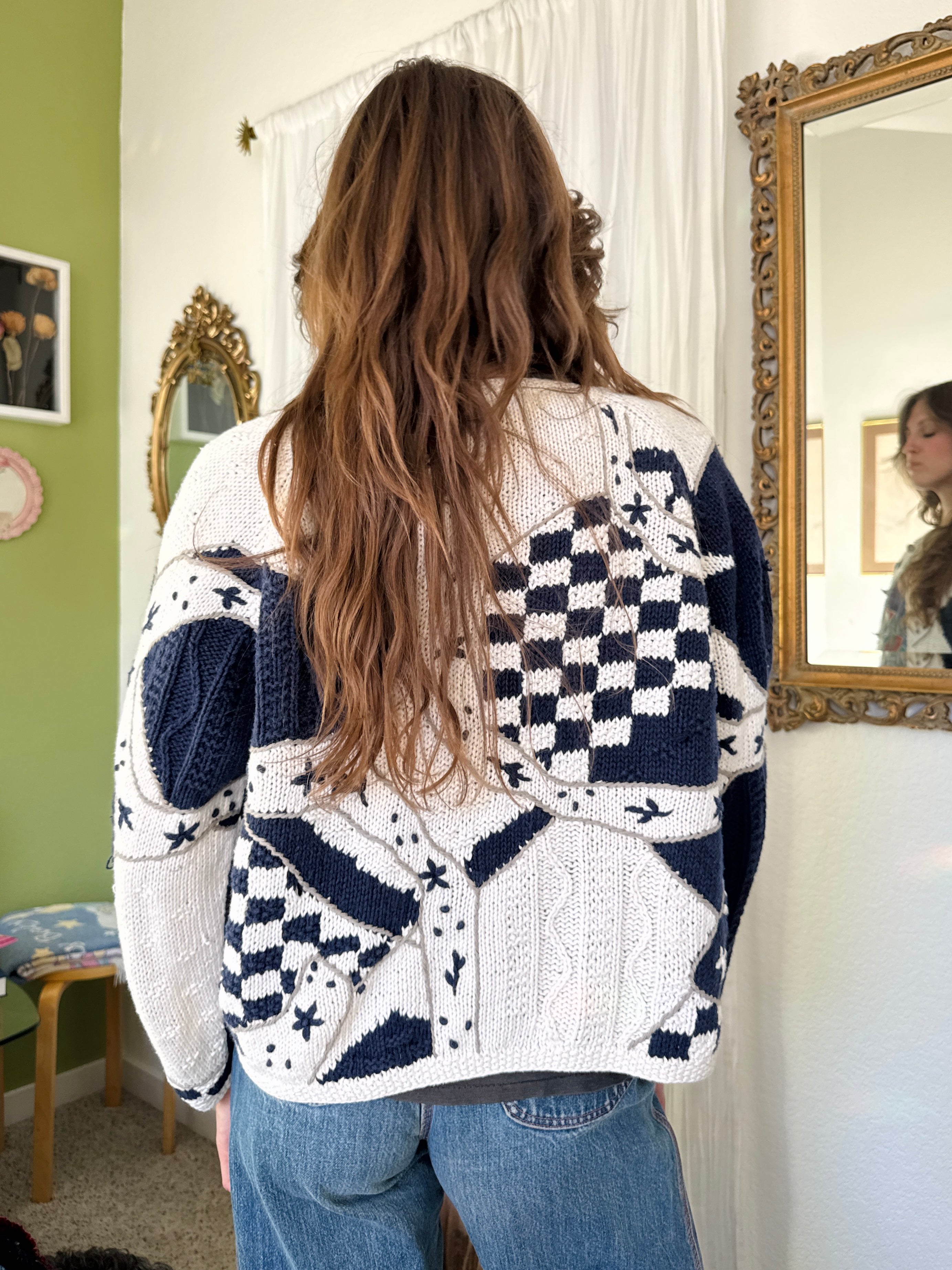 90s Cottagecore Blue & White Granny Cardigan Sweater
