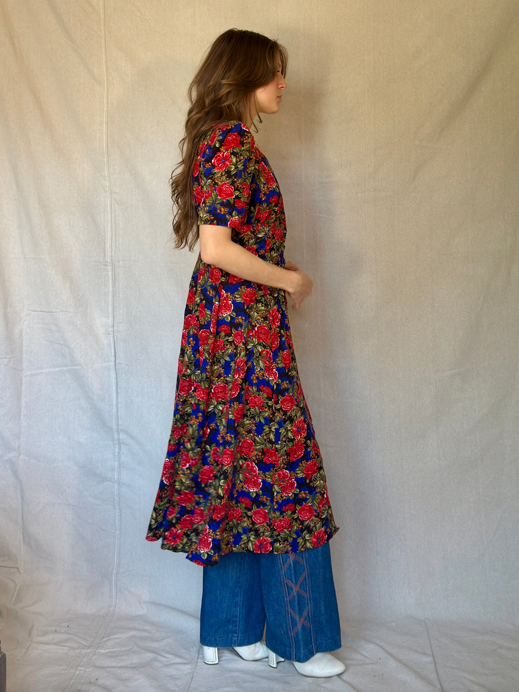 80s Blue Floral Print Button Dress