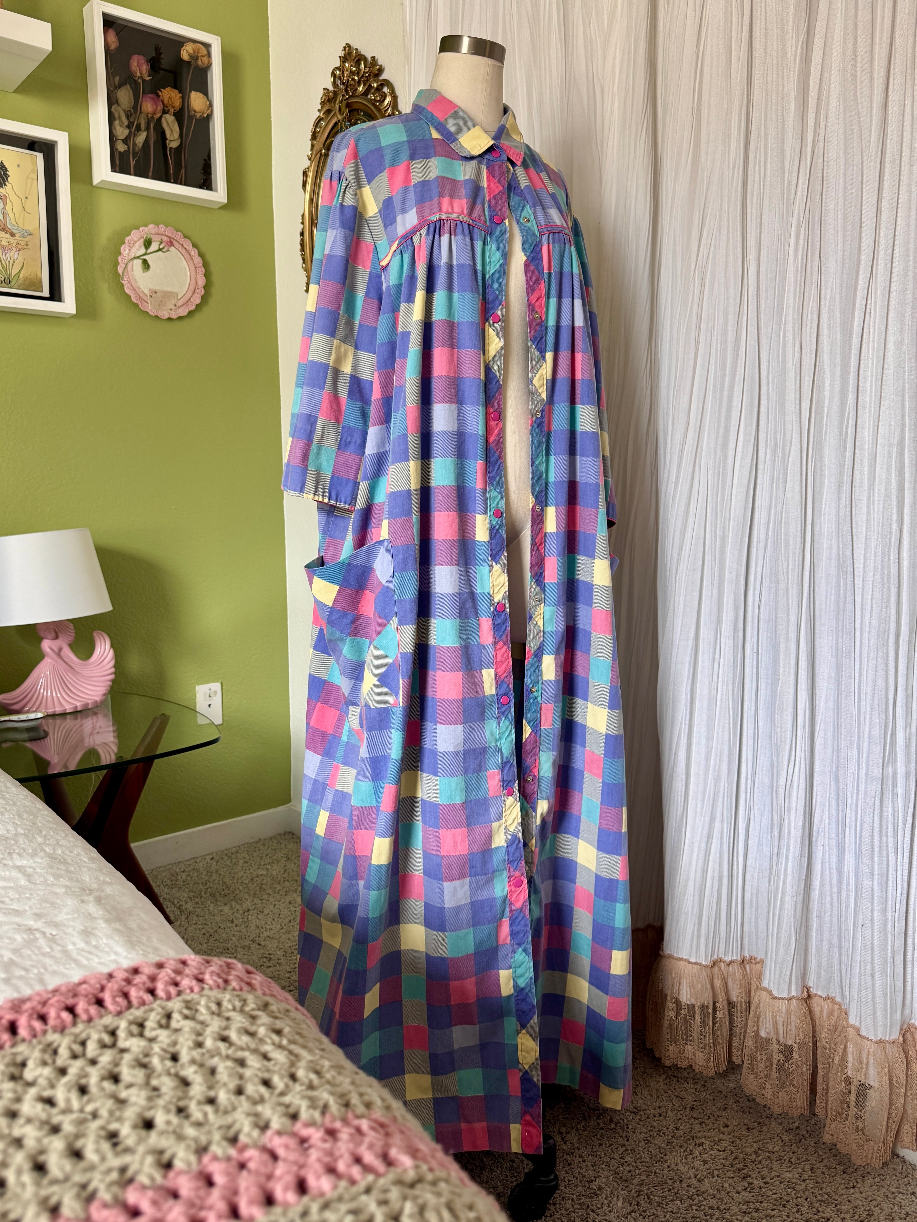 80s Purple Color Block Pearl Snap Duster Housecoat