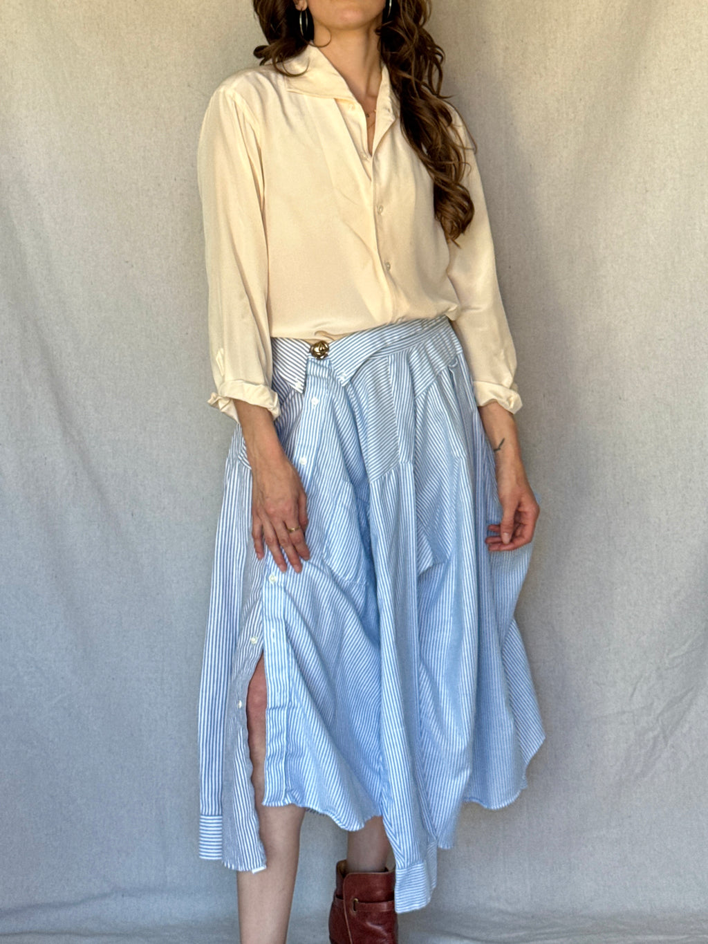 Repurposed Blue Pinstriped Button Up Skirt Set