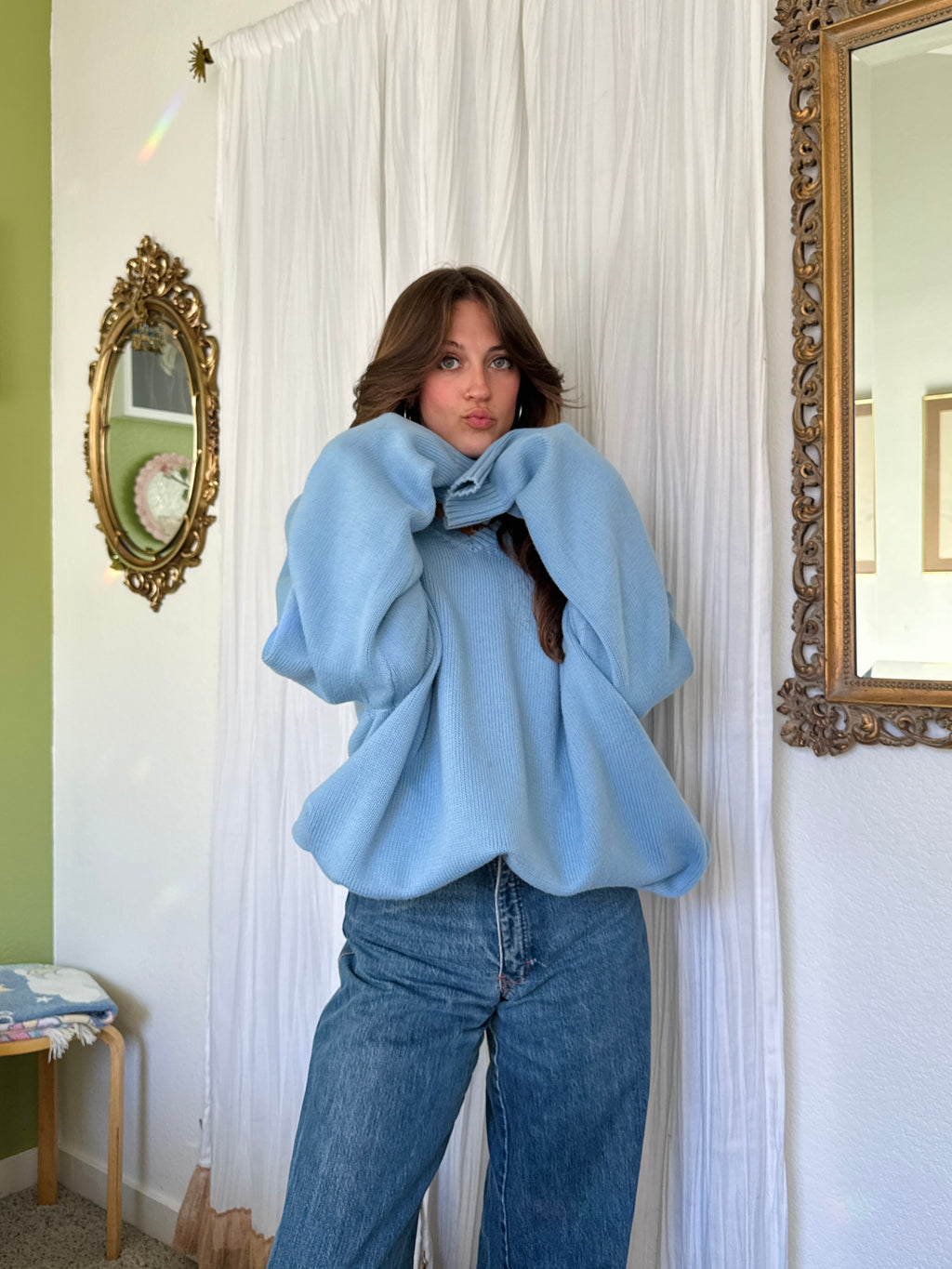 Vintage Lands Ends Cotton Powder Blue Grandpa Sweater