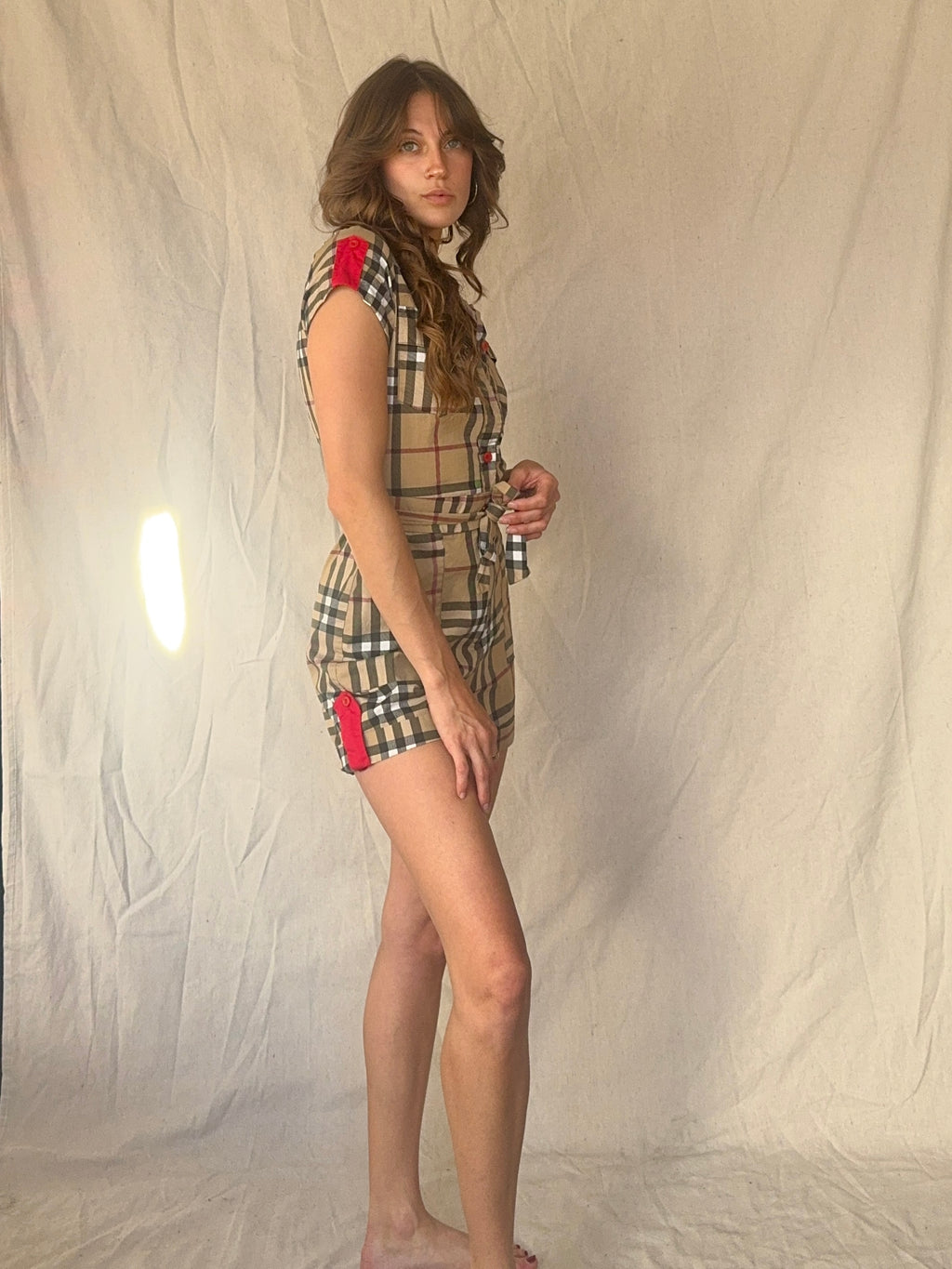 B/urberry Check Plaid Belted Button Up Romper