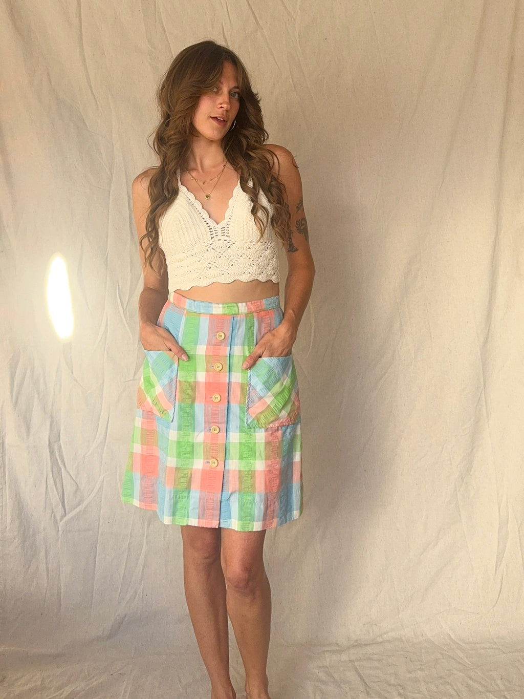 60s Preppy Plaid Mini Button Circle Skirt