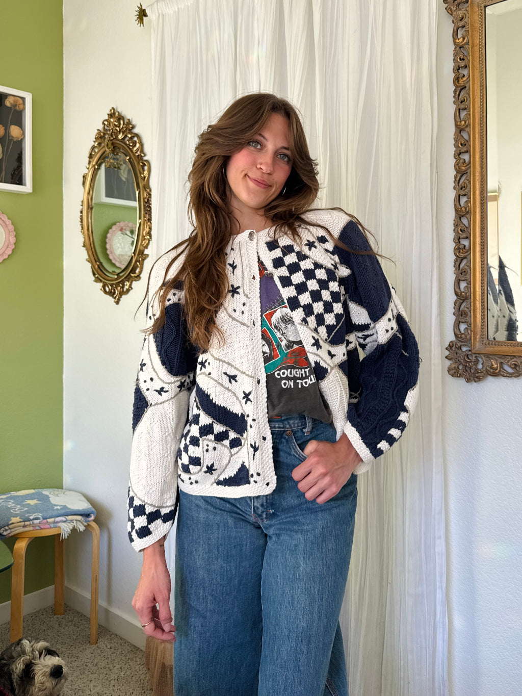 90s Cottagecore Blue & White Granny Cardigan Sweater