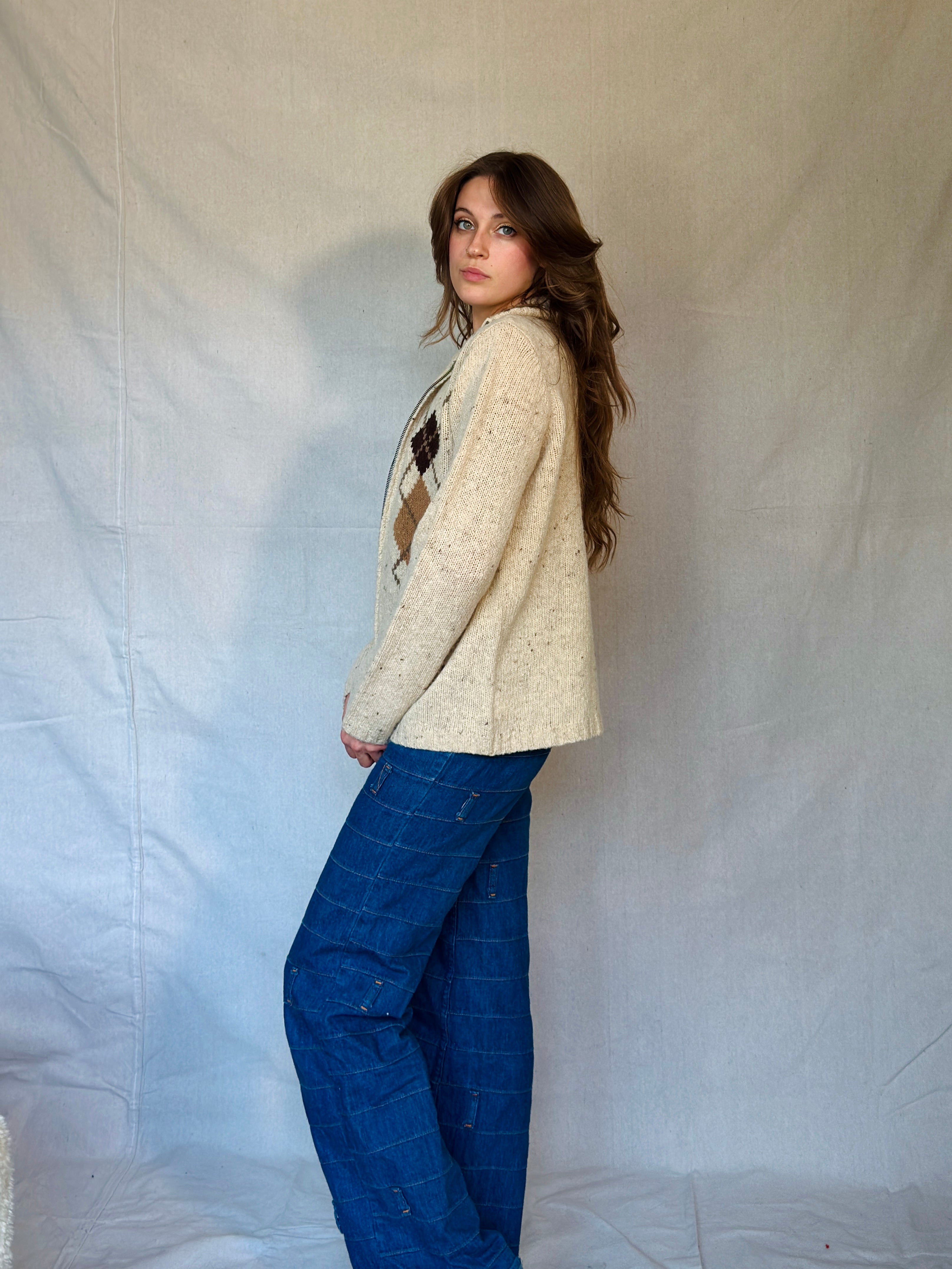 Vintage Brown Wool Argyle Sweater Cardigan