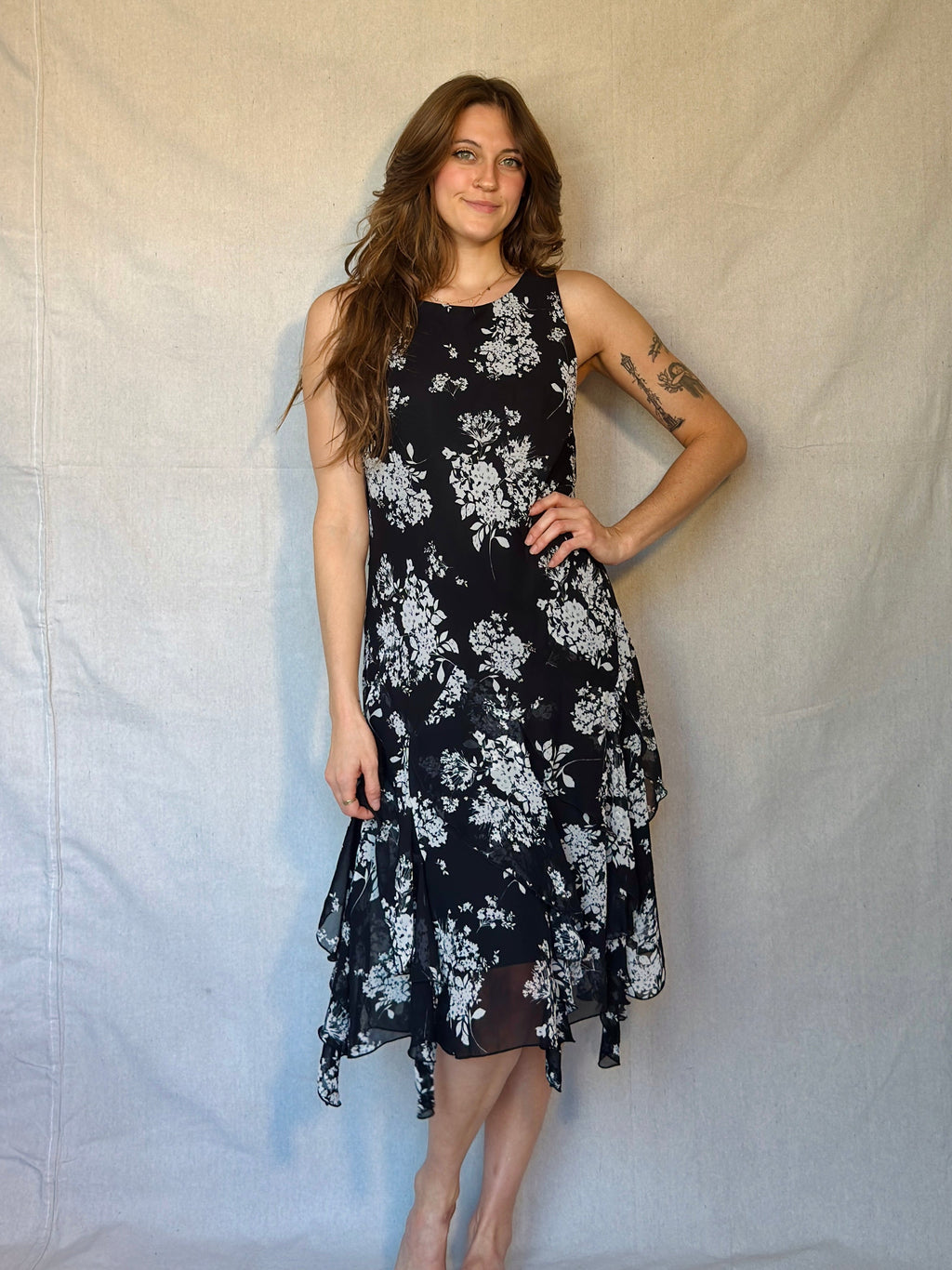 Vintage Black & White Floral Ruffle Dress