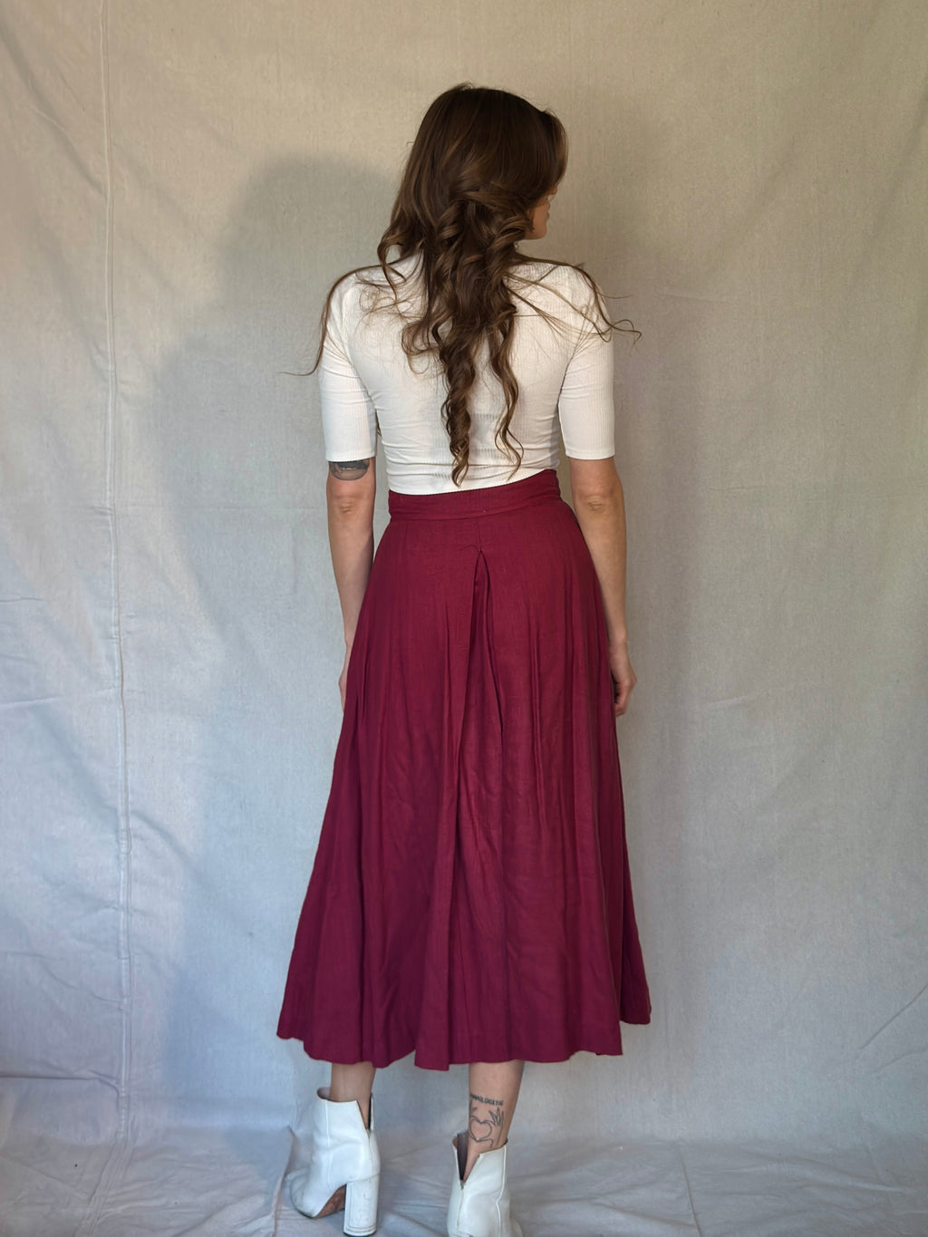 70s Burgundy Pleated Midi Skirt