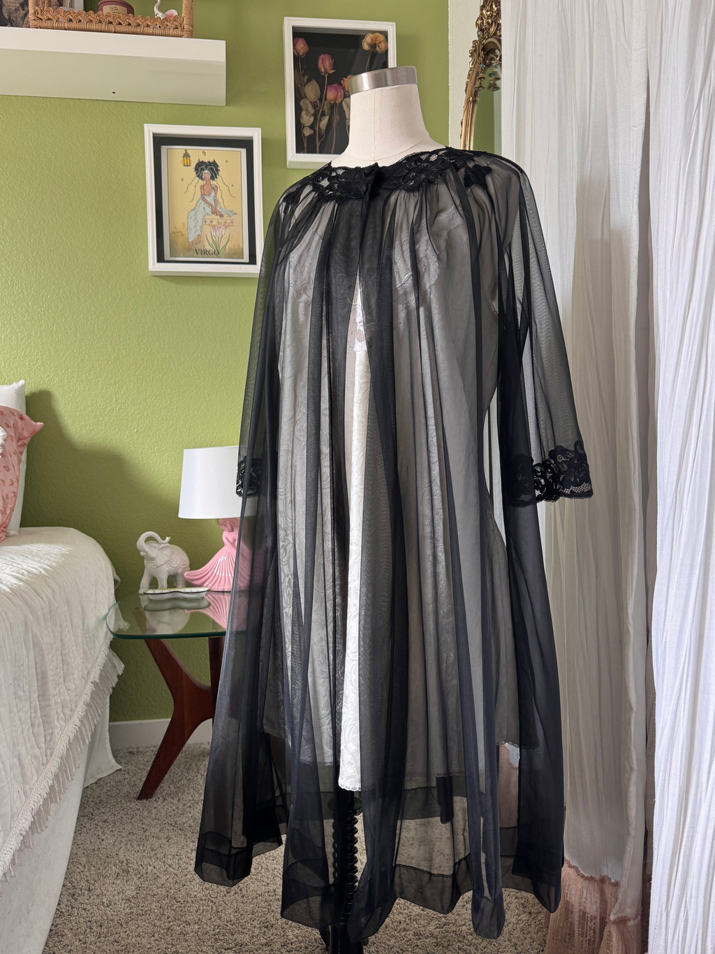 60s Sheer Black Nylon Negligee & Peignoir Set