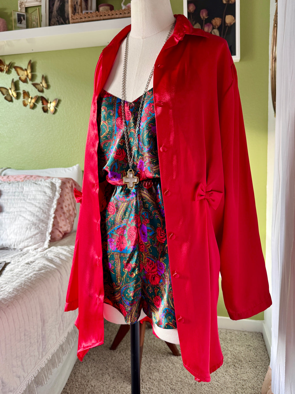 80s Red Satin Bow Button Up