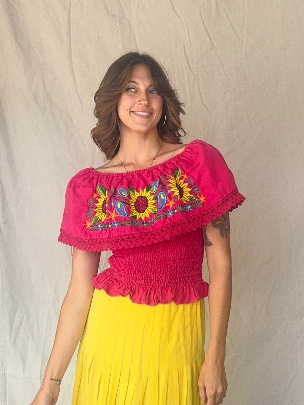 Vintage Hot Pink Off the Shoulder Embroidered Sunflower Oaxacan Summer Top
