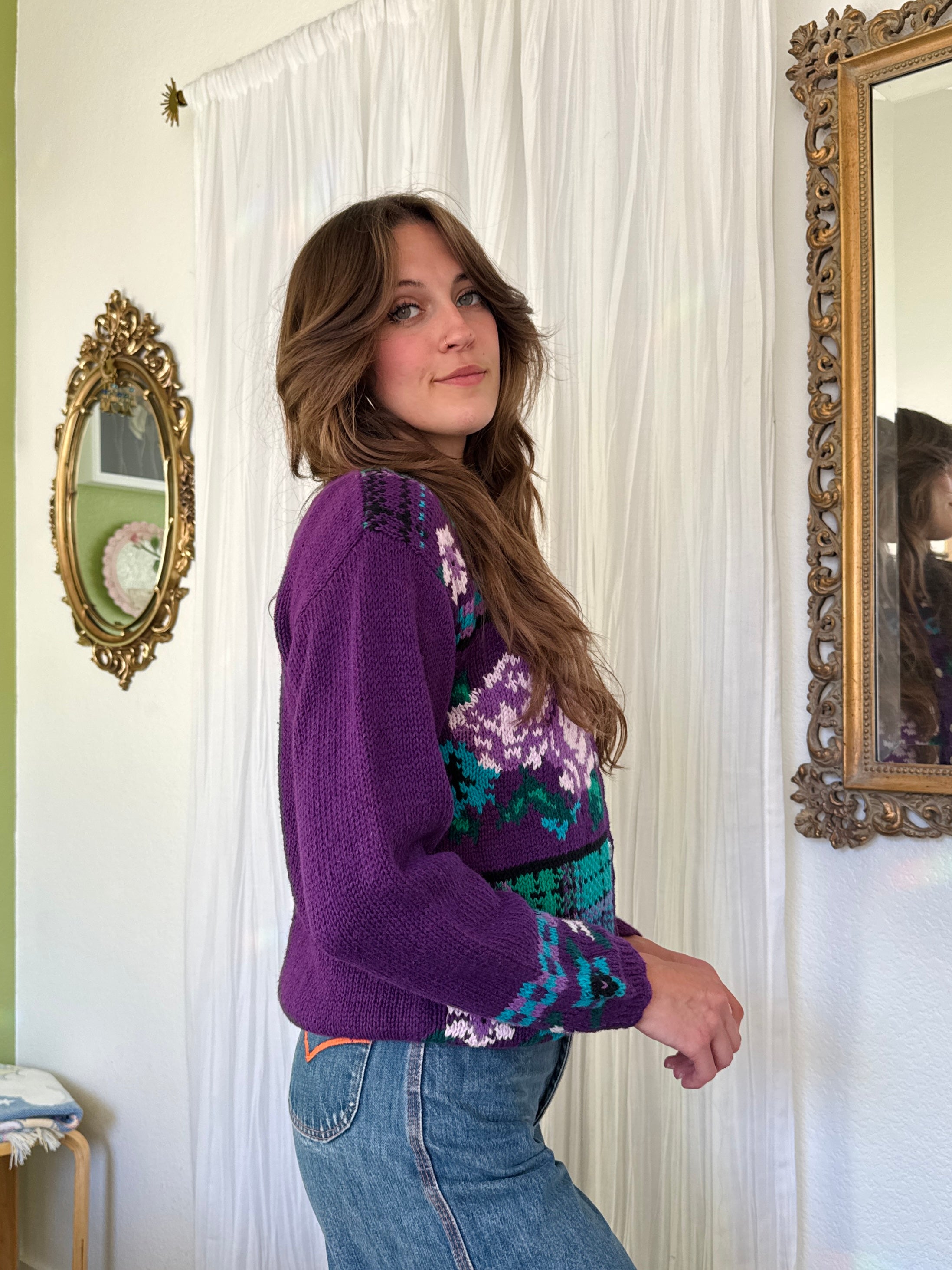 80s Purple Floral Plaid Granny Cardigan Sweater