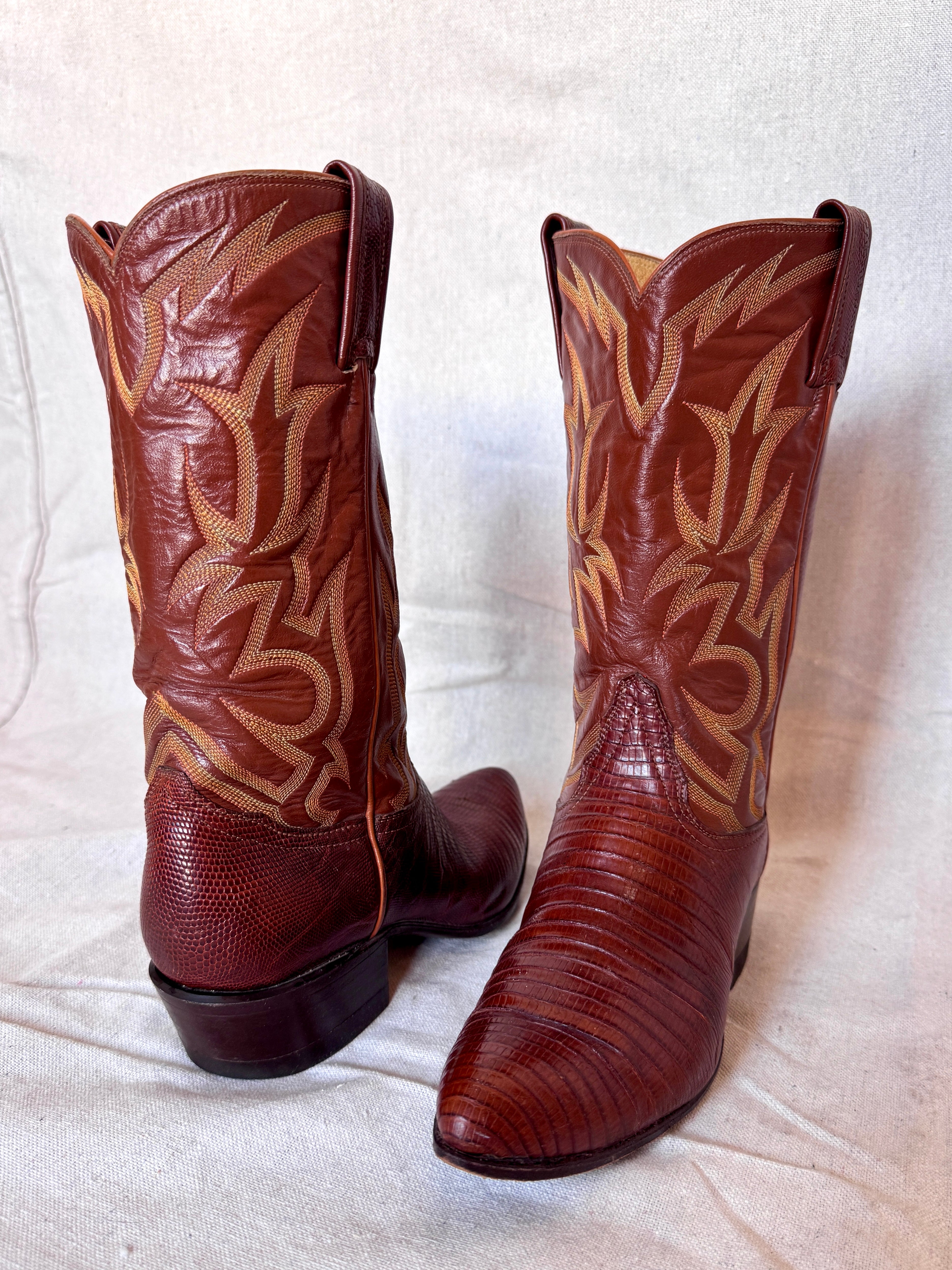 Vintage Brown Lizard Leather Stitched Tony Lama Cowboy Boots