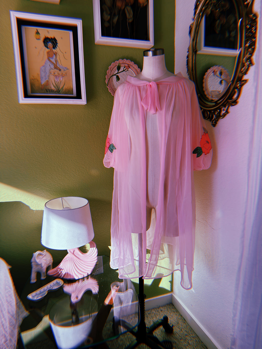 60s Pink Dayglo Nylon Hibiscus Flower Neglige & Peignoir Set