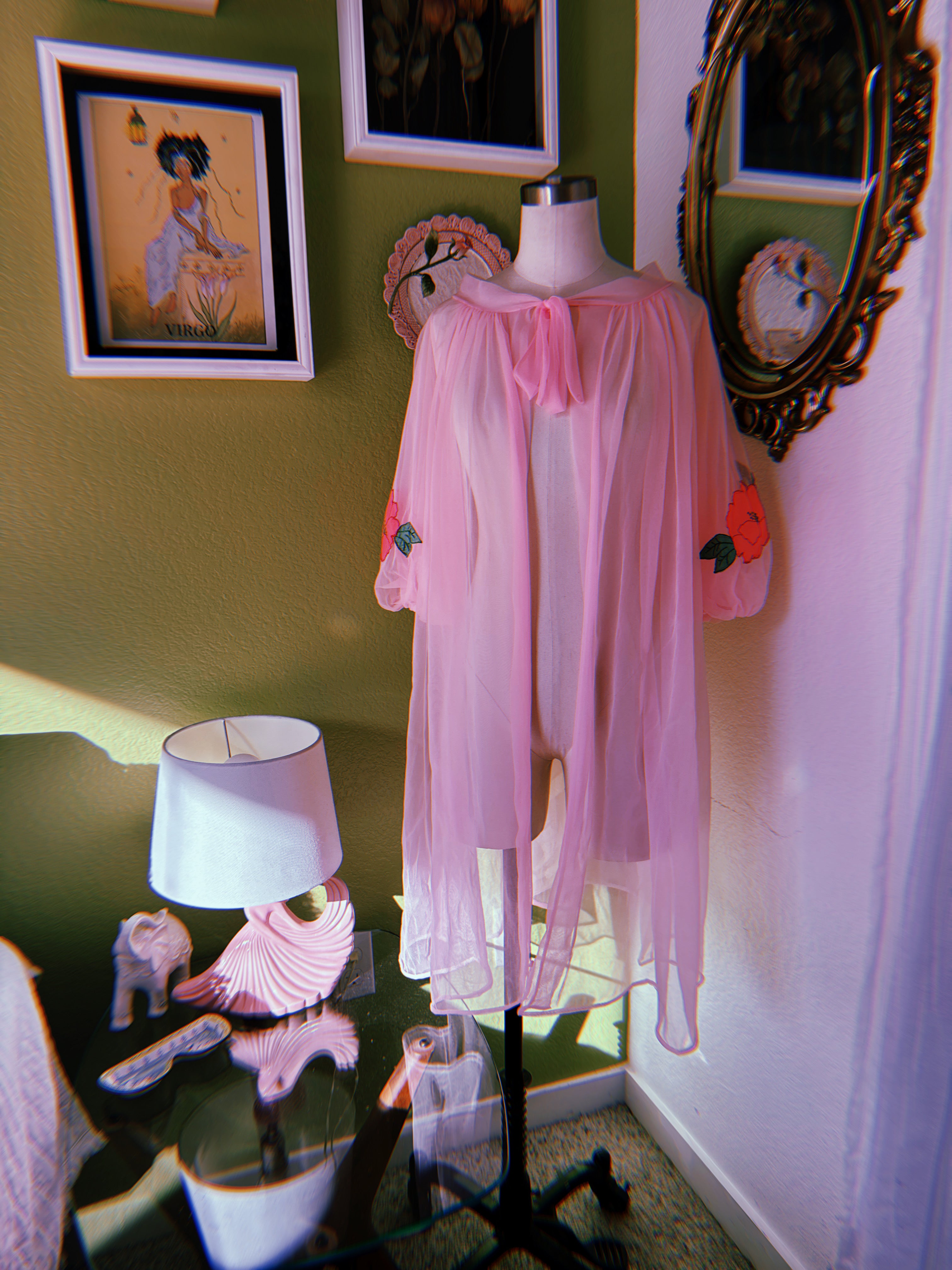 60s Pink Dayglo Nylon Hibiscus Flower Neglige & Peignoir Set
