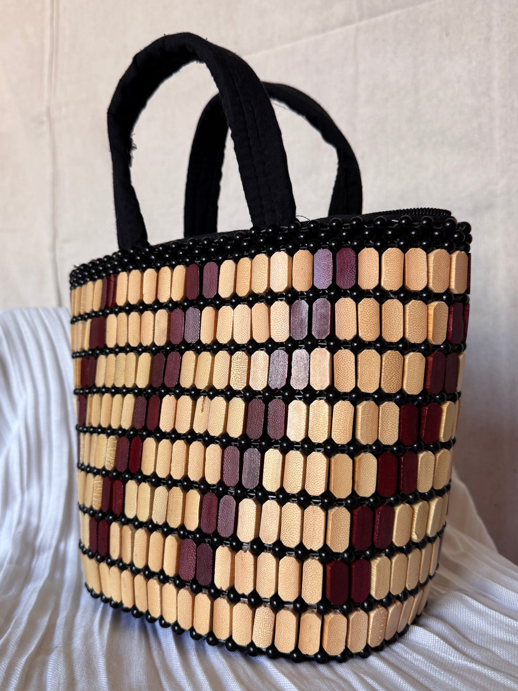 Vintage Wood Beaded Bucket Bag