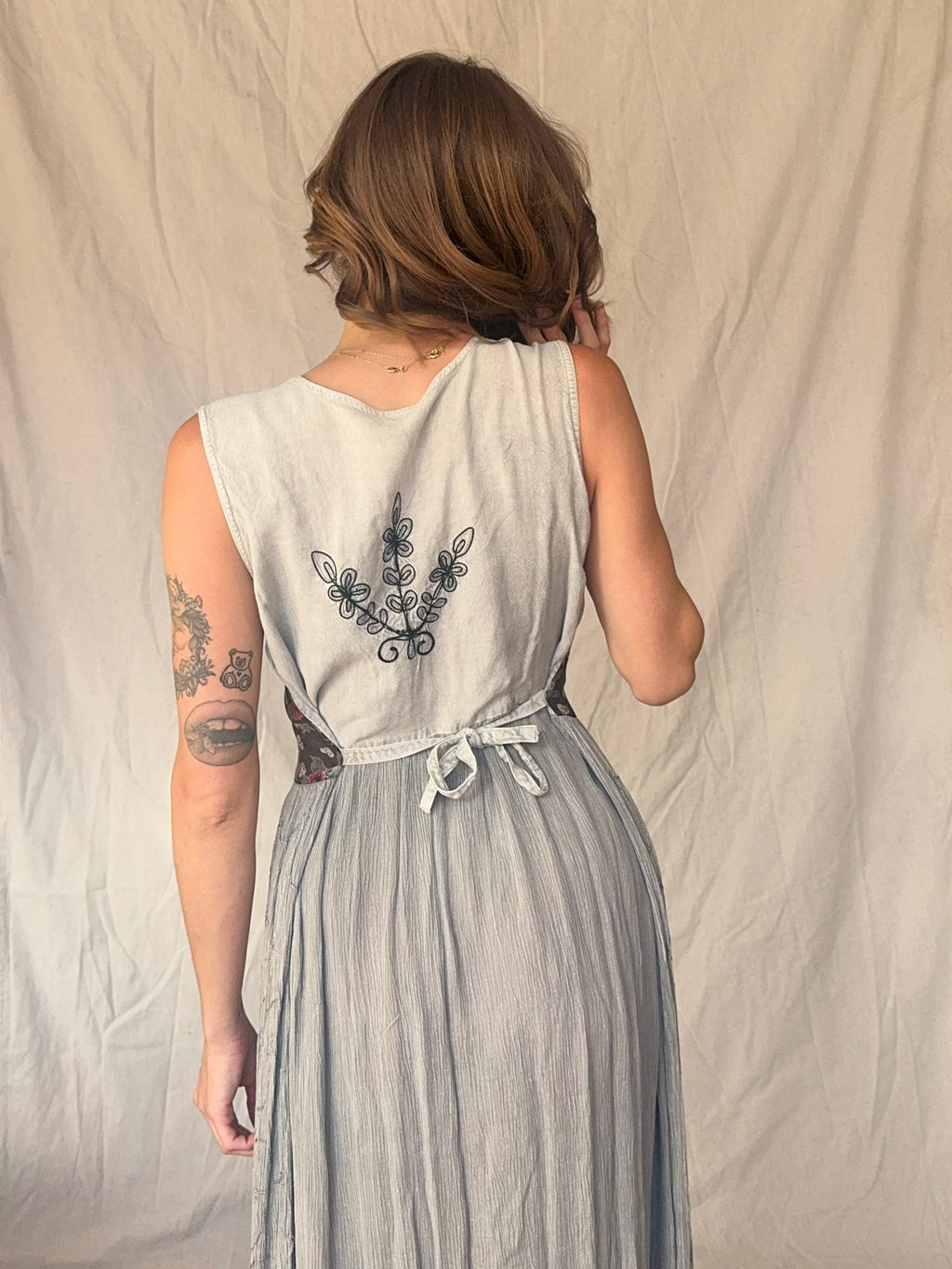 90s Grey Patchwork Whimsigoth Embroidered Fairy Maxi Dress