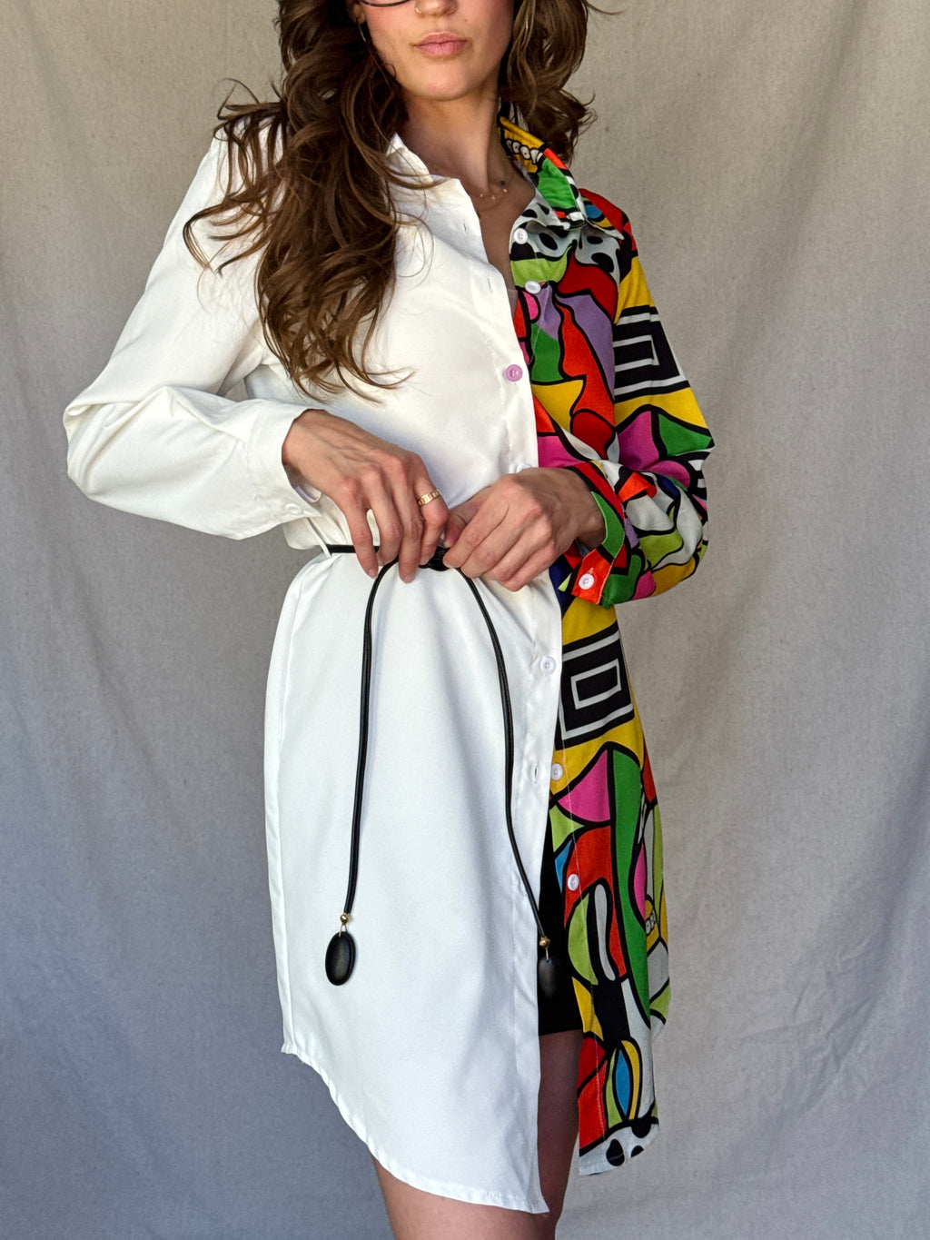 White Split Patterned Shirt Dress (Modern)