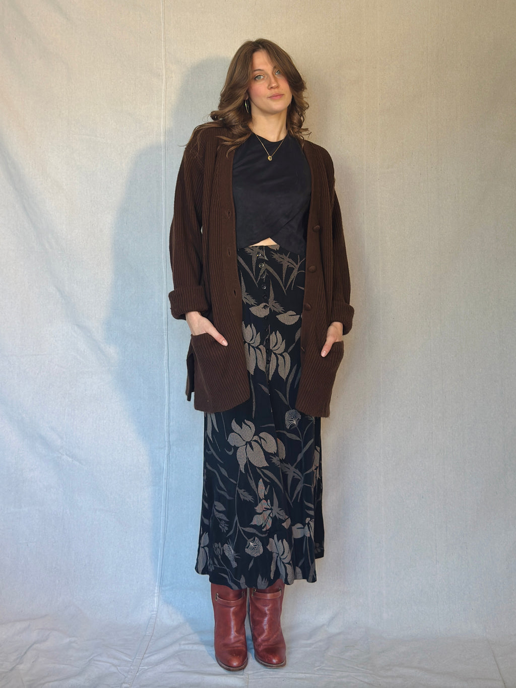 90's Black Floral Button Front Midi Skirt