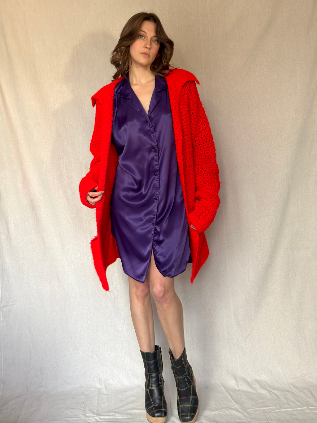 Bright Red Chunky Cardigan Sweater