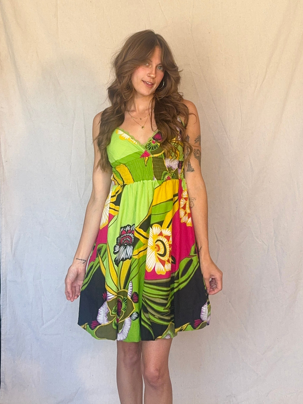 Y2K Green and Pink Cotton Floral Strappy Sun Dress
