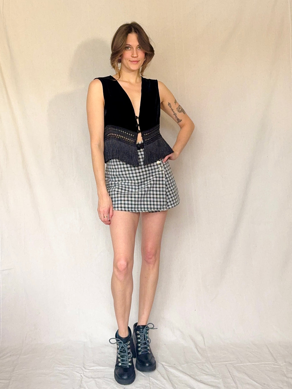 90s Black Velvet Fringe Vest Top