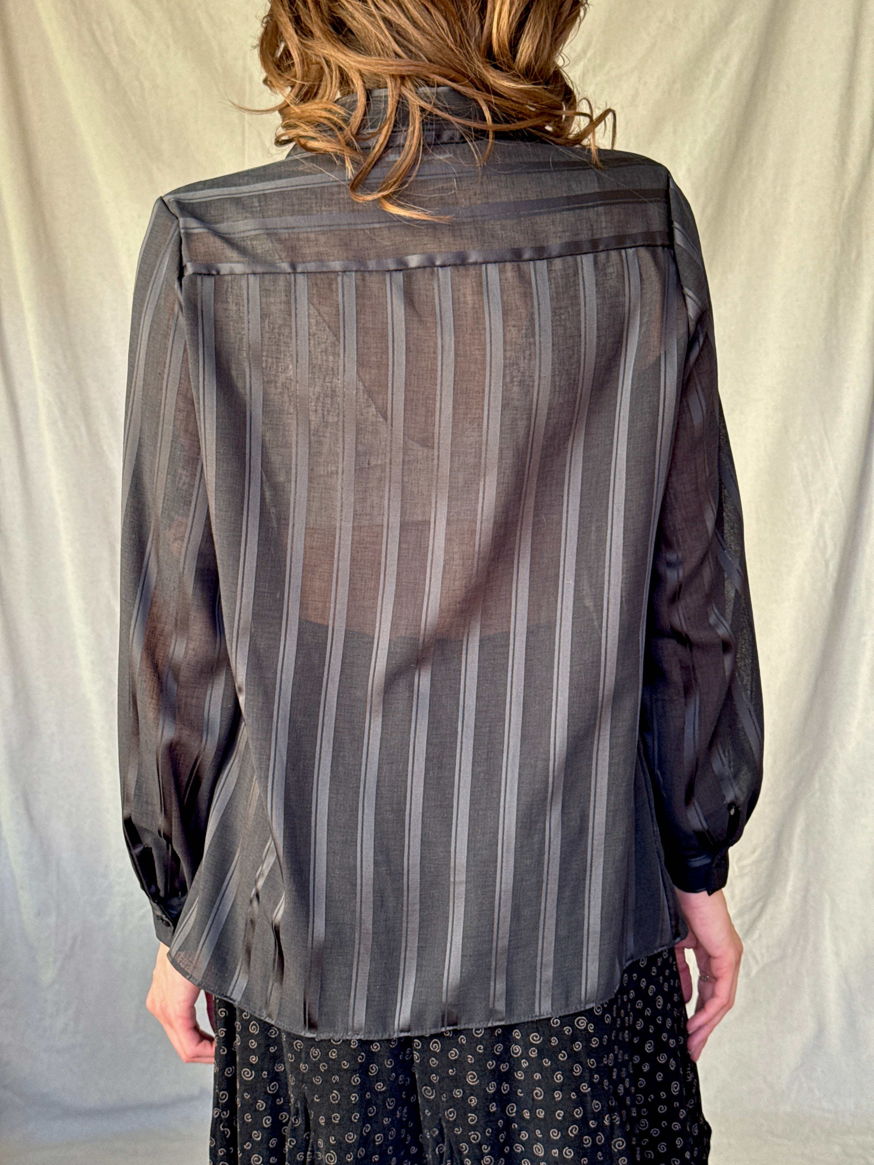 90s Sheer Black Striped Button Up Blouse